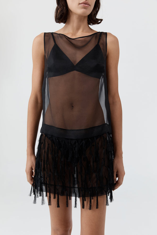 Tassel Shift Mini Dress - Black