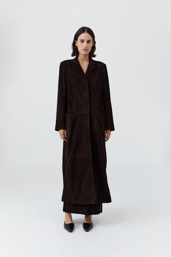 Suede Tailored Coat - Coffee