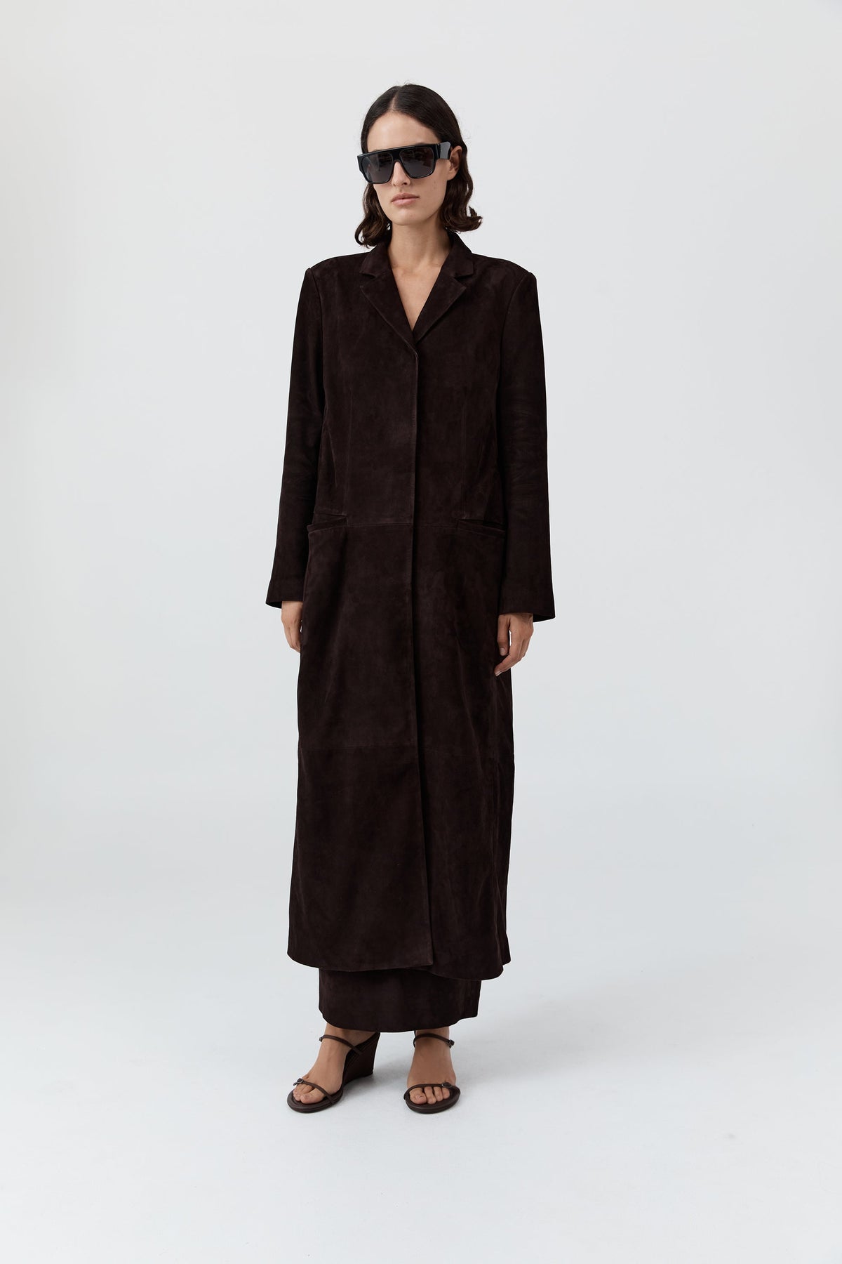 Suede Tailored Coat - Coffee