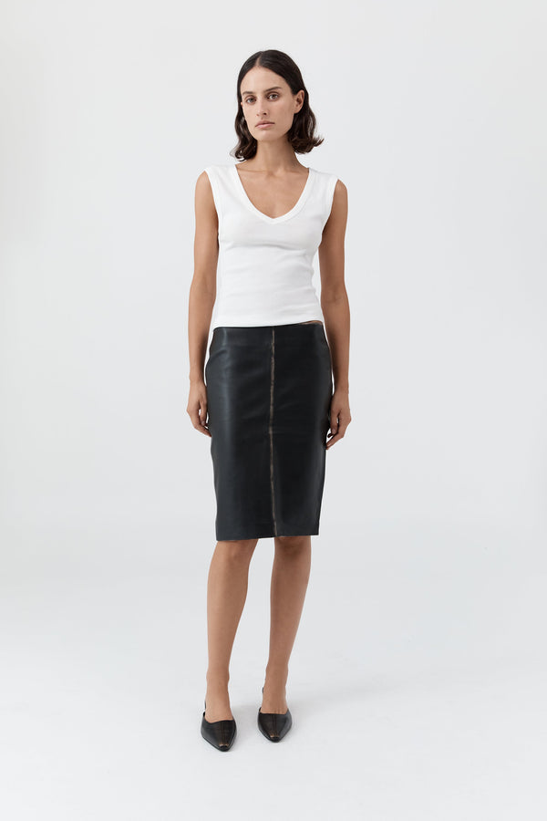 Brushed Leather Pencil Skirt - Black