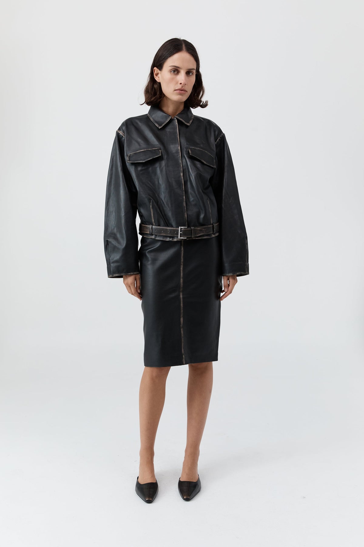 Brushed Leather Pencil Skirt - Black