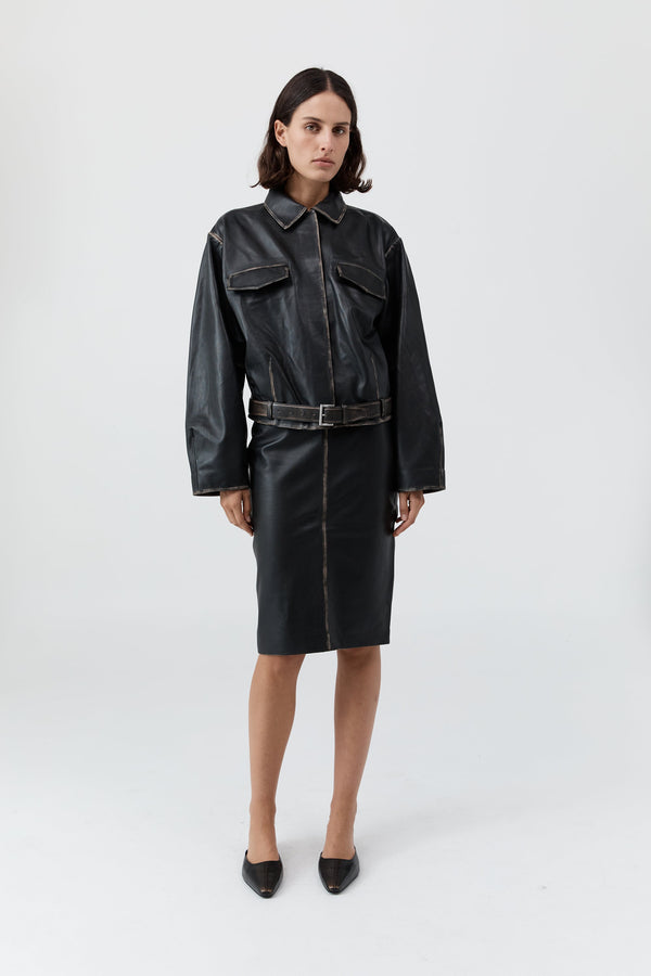 Brushed Leather Pencil Skirt - Black
