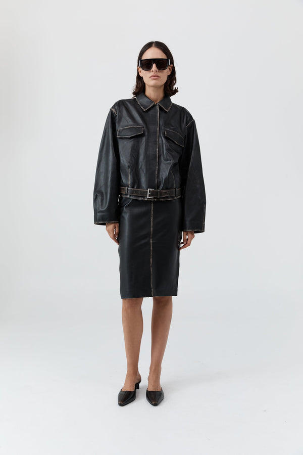 Brushed Leather Pencil Skirt - Black
