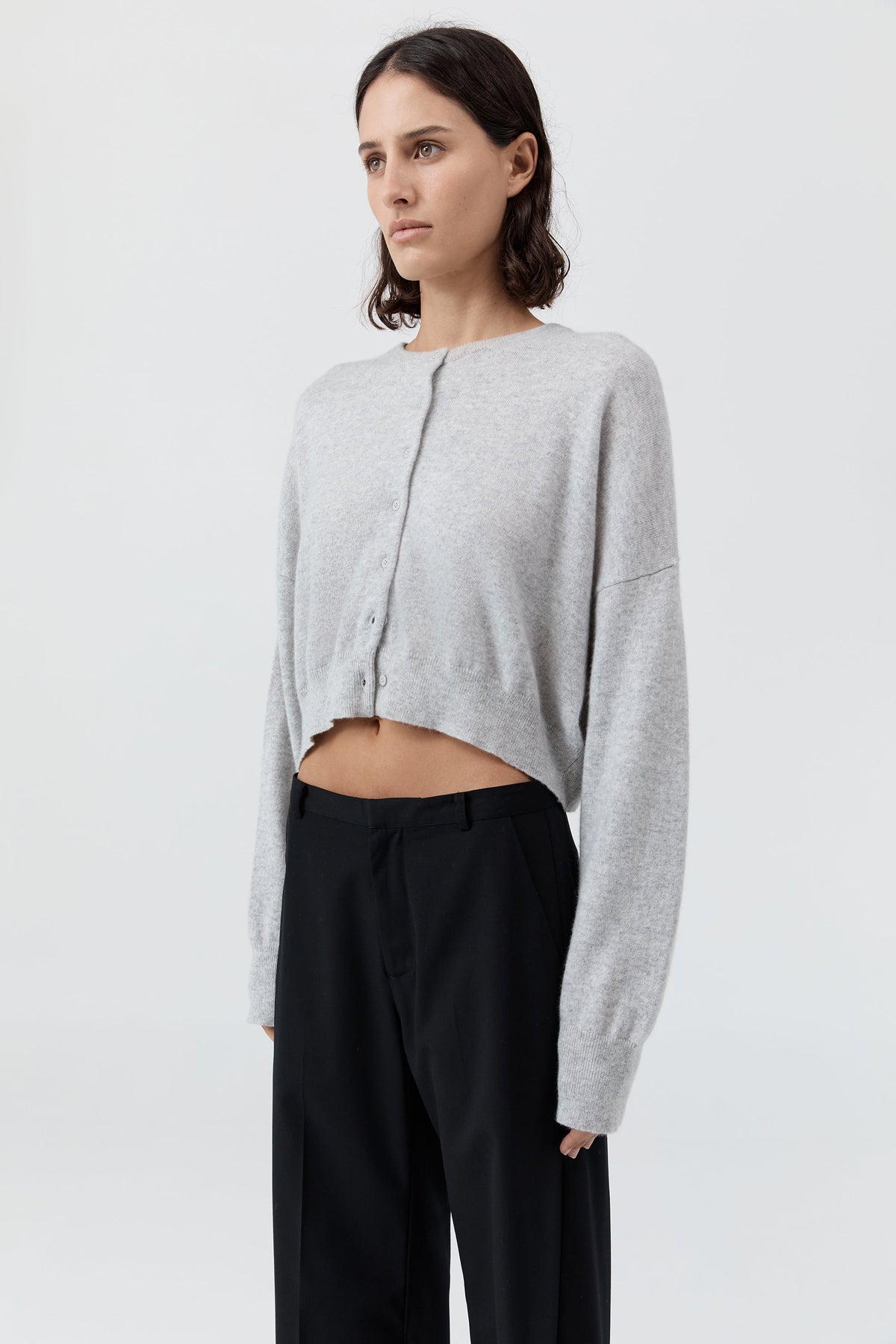 Cashmere Relaxed Cropped Cardigan - Grey Marle