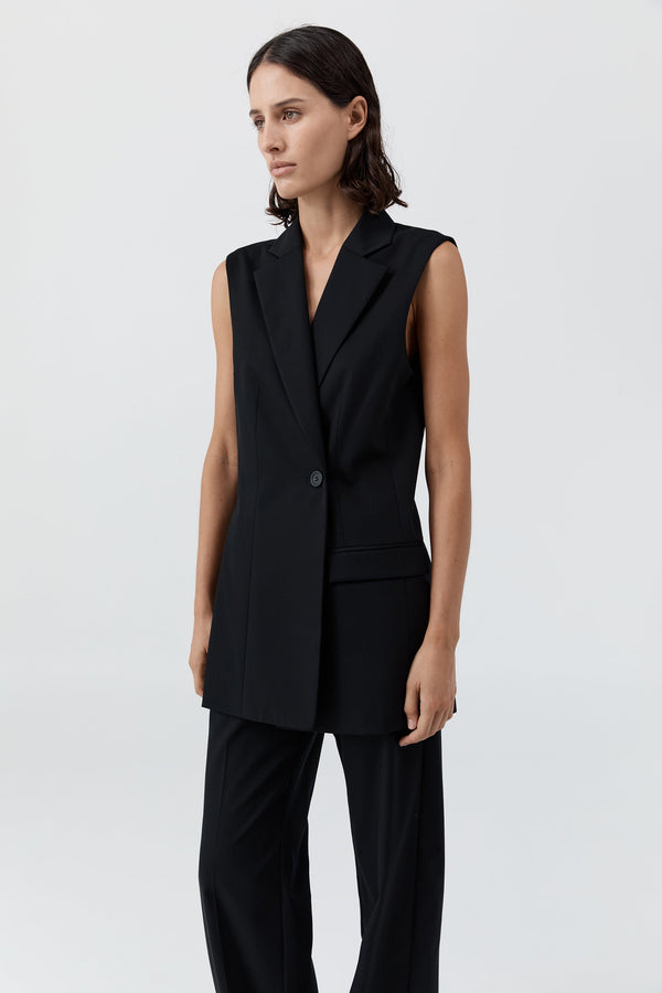 Wool Sleeveless Split Blazer - Black