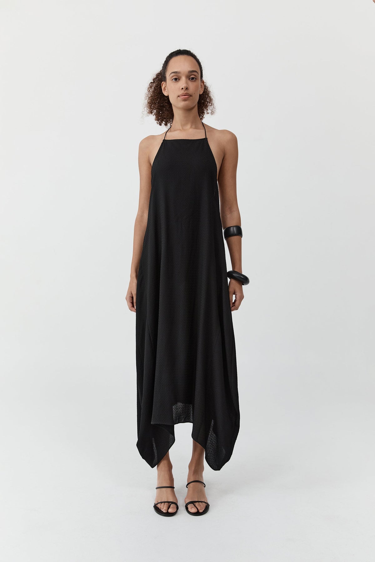 Textured Weave Halter Dress - Black