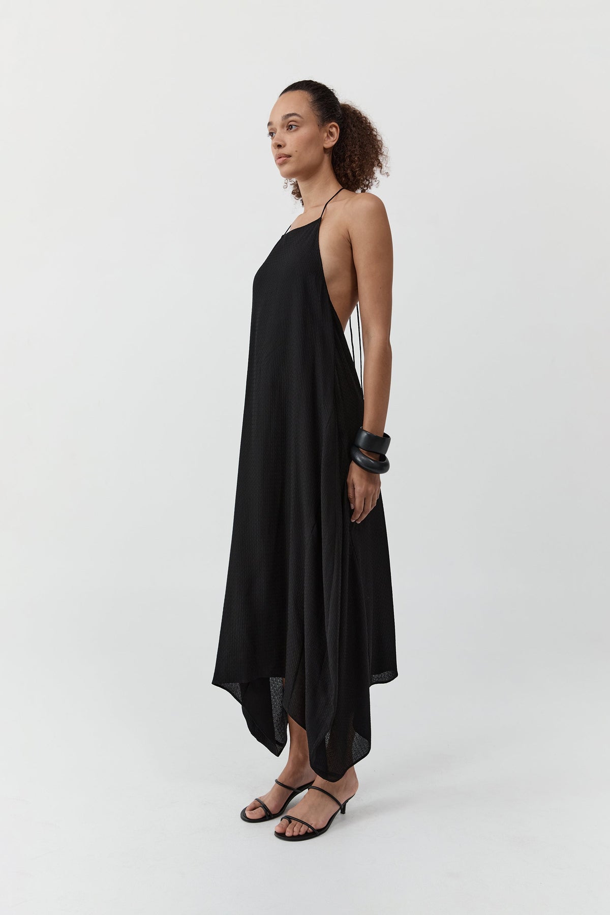 Textured Weave Halter Dress - Black