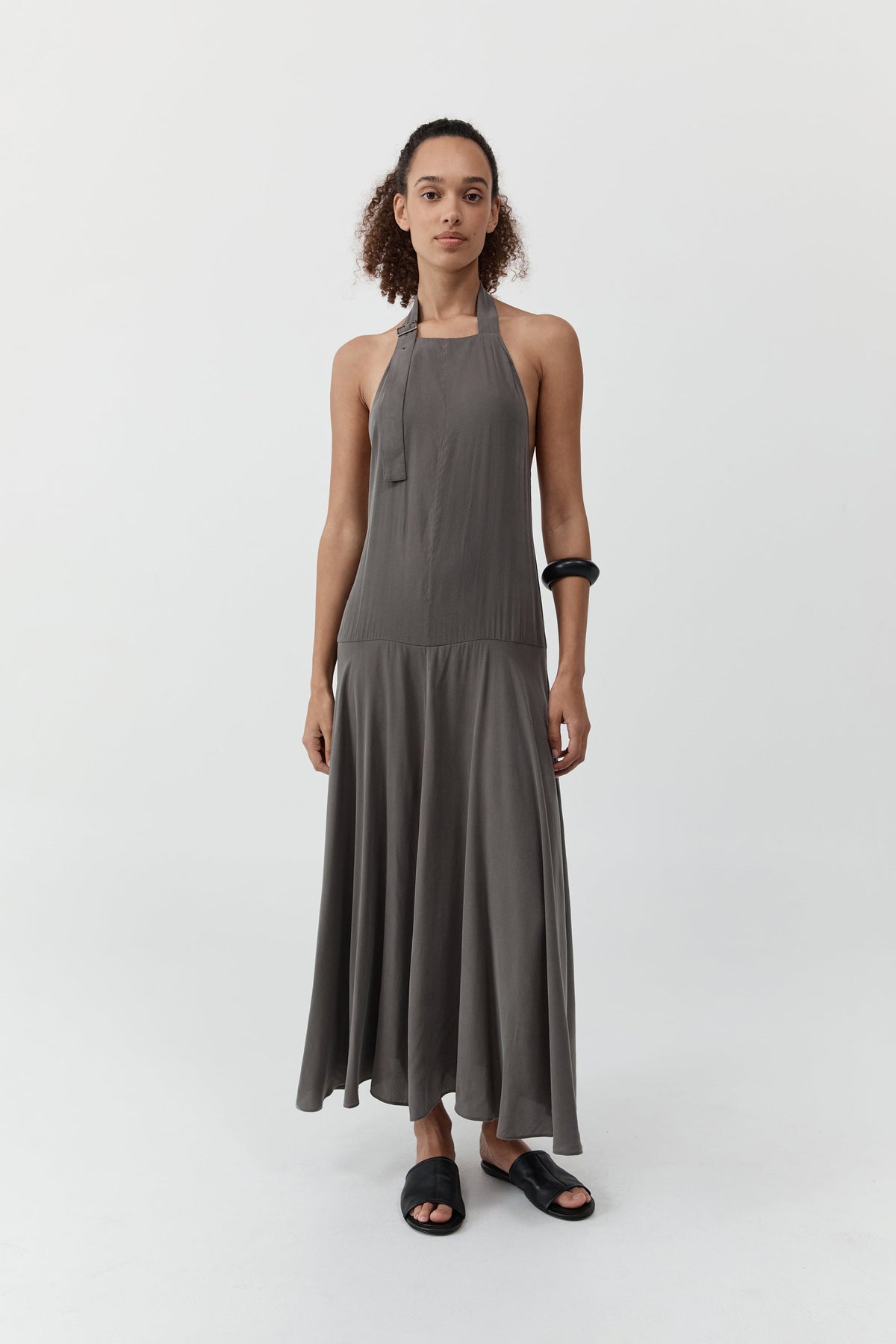 halter neck tie waist dress Black Halter Neck Tie Up frilled Evening Dress