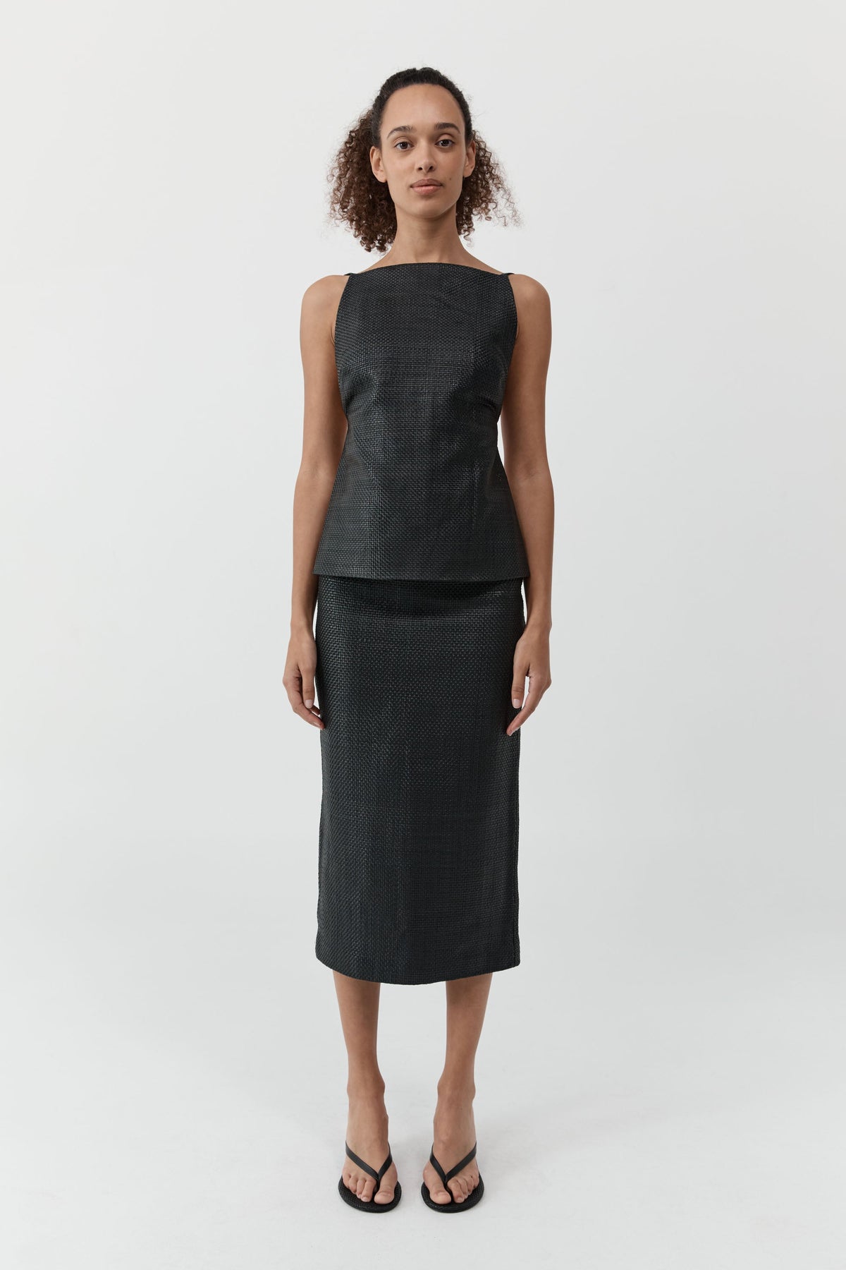 Woven Leather Square Neck Top - Black