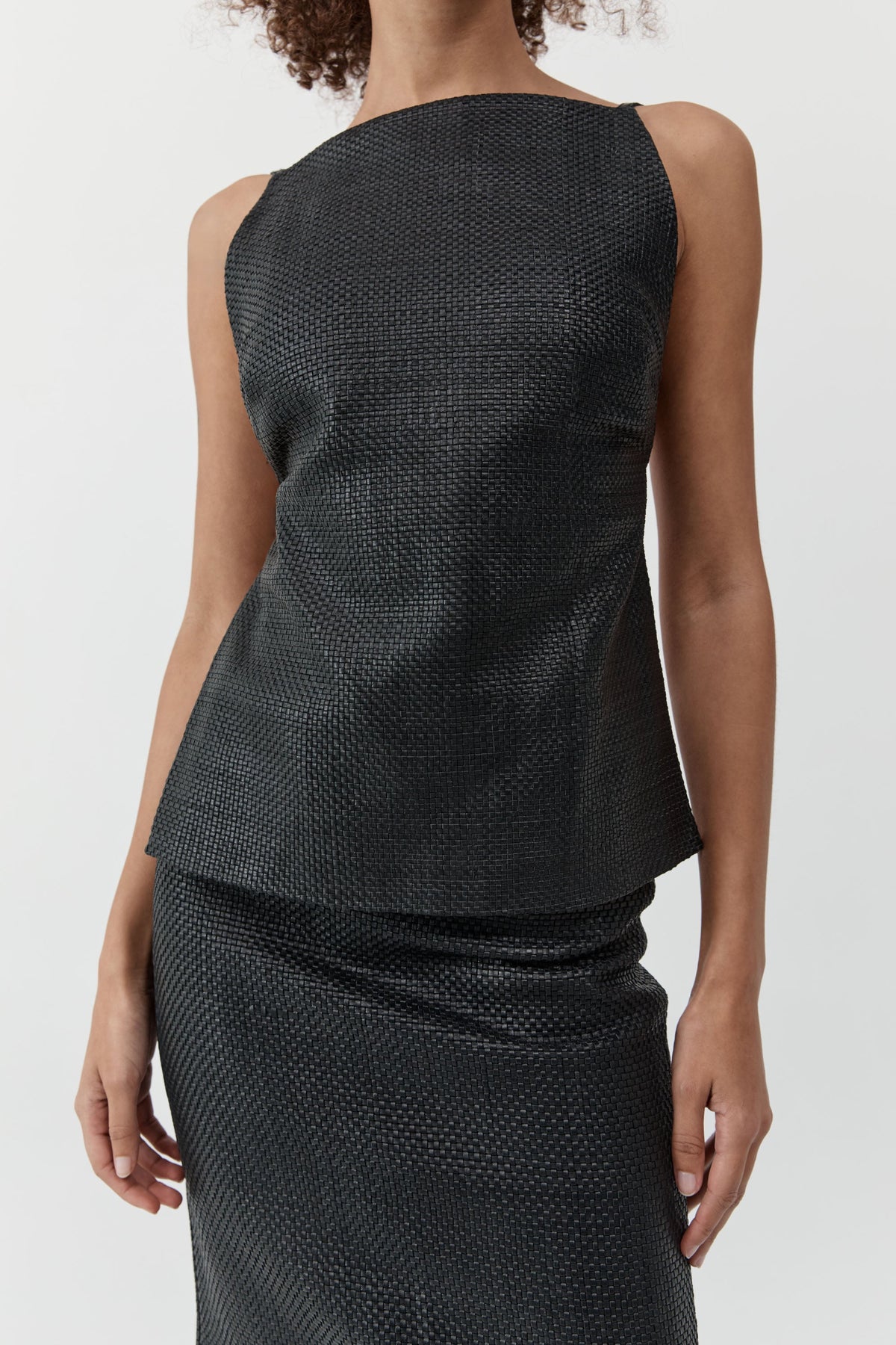 Woven Leather Square Neck Top - Black