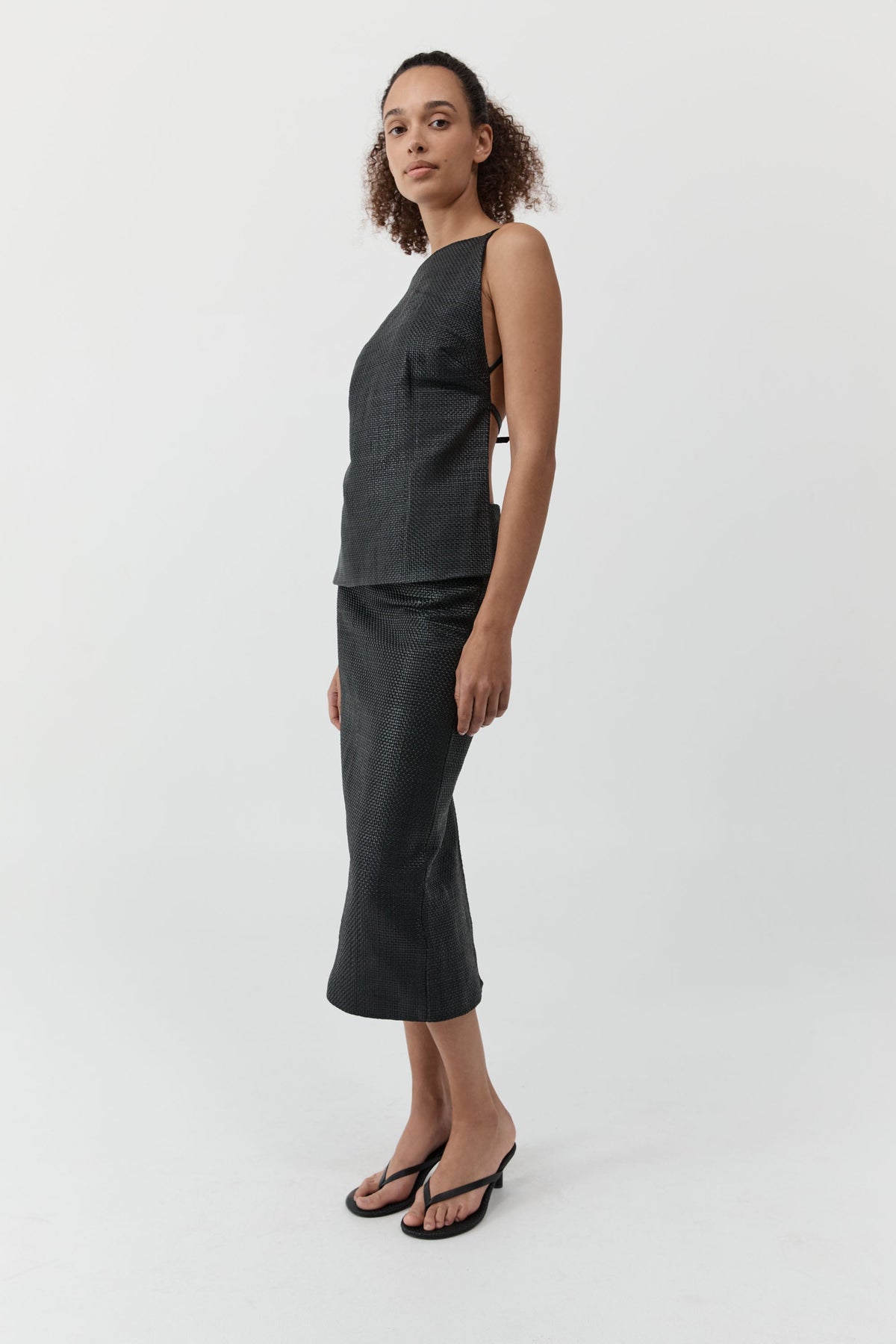 Woven Leather Square Neck Top - Black