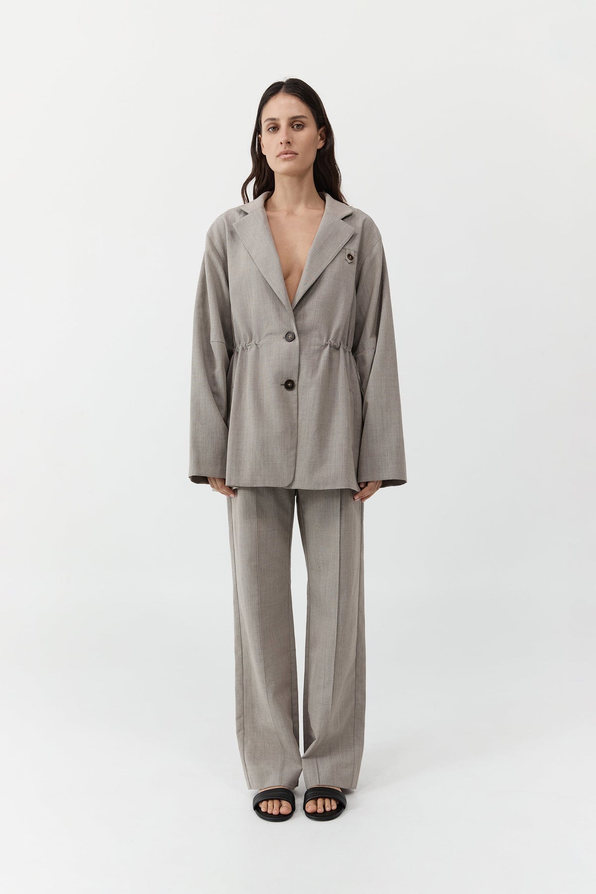 Drawstring Waist Blazer - Pebble Melange