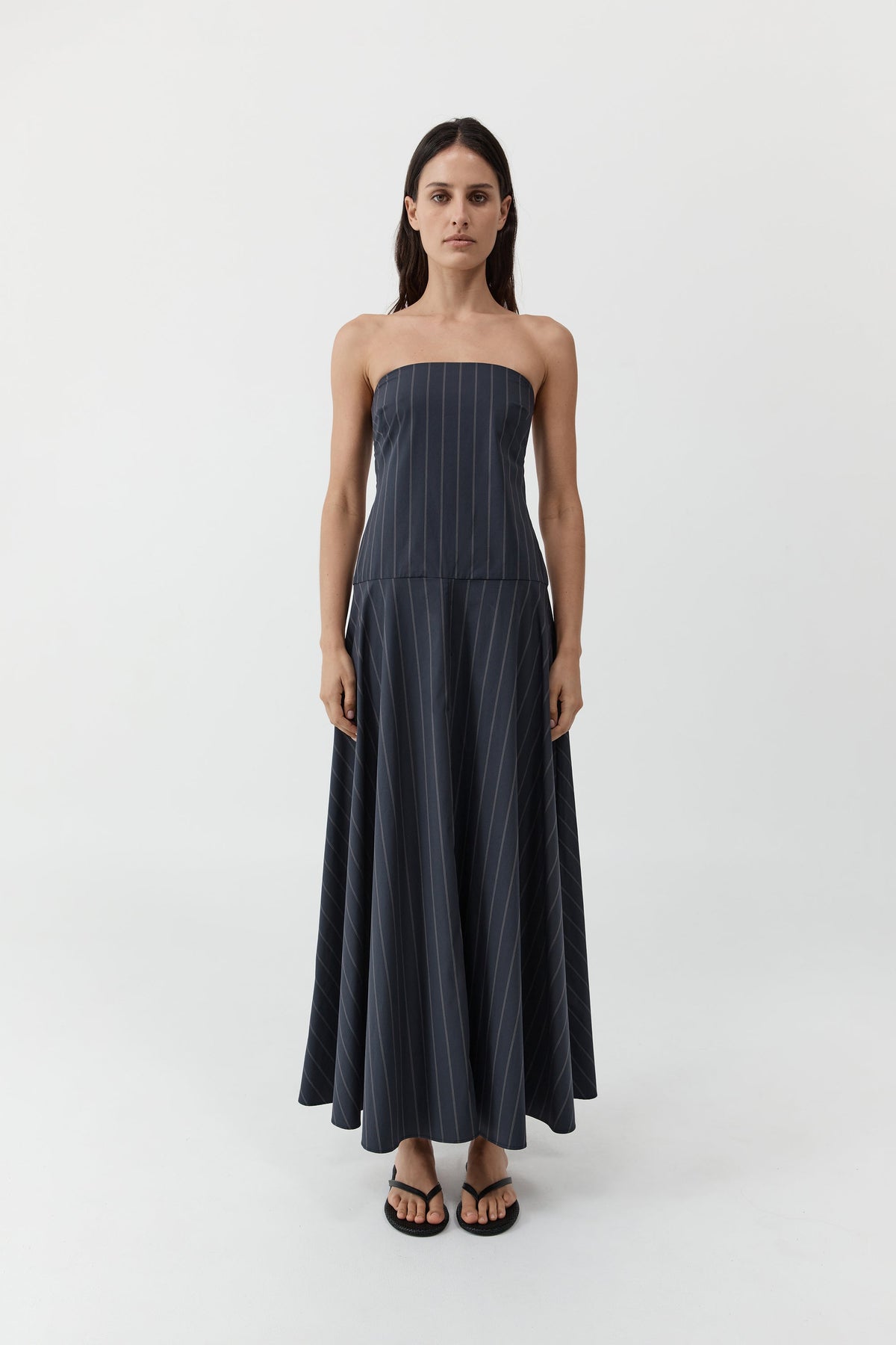 Strapless Rouleau Dress - Ink Stripe