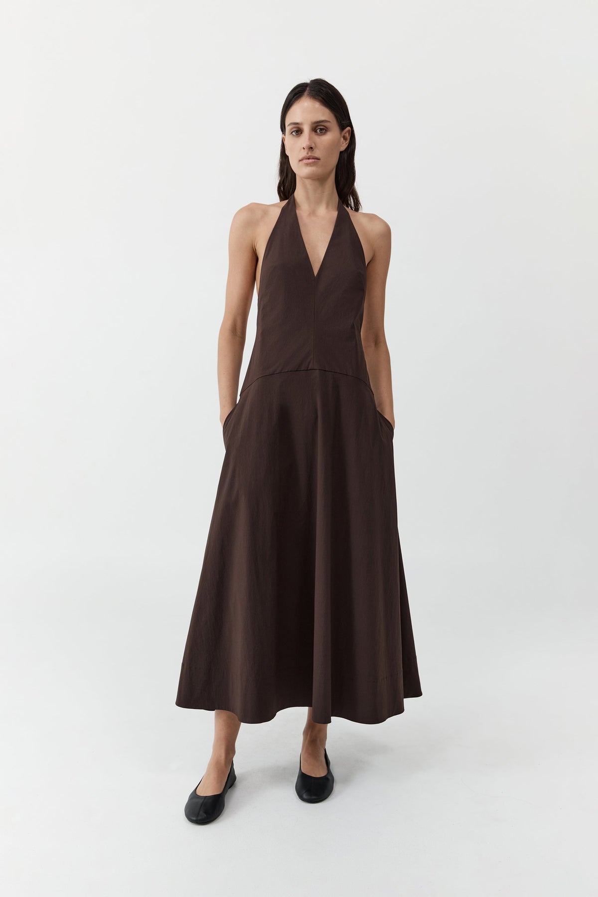 Halter Plunge Dress - Bark