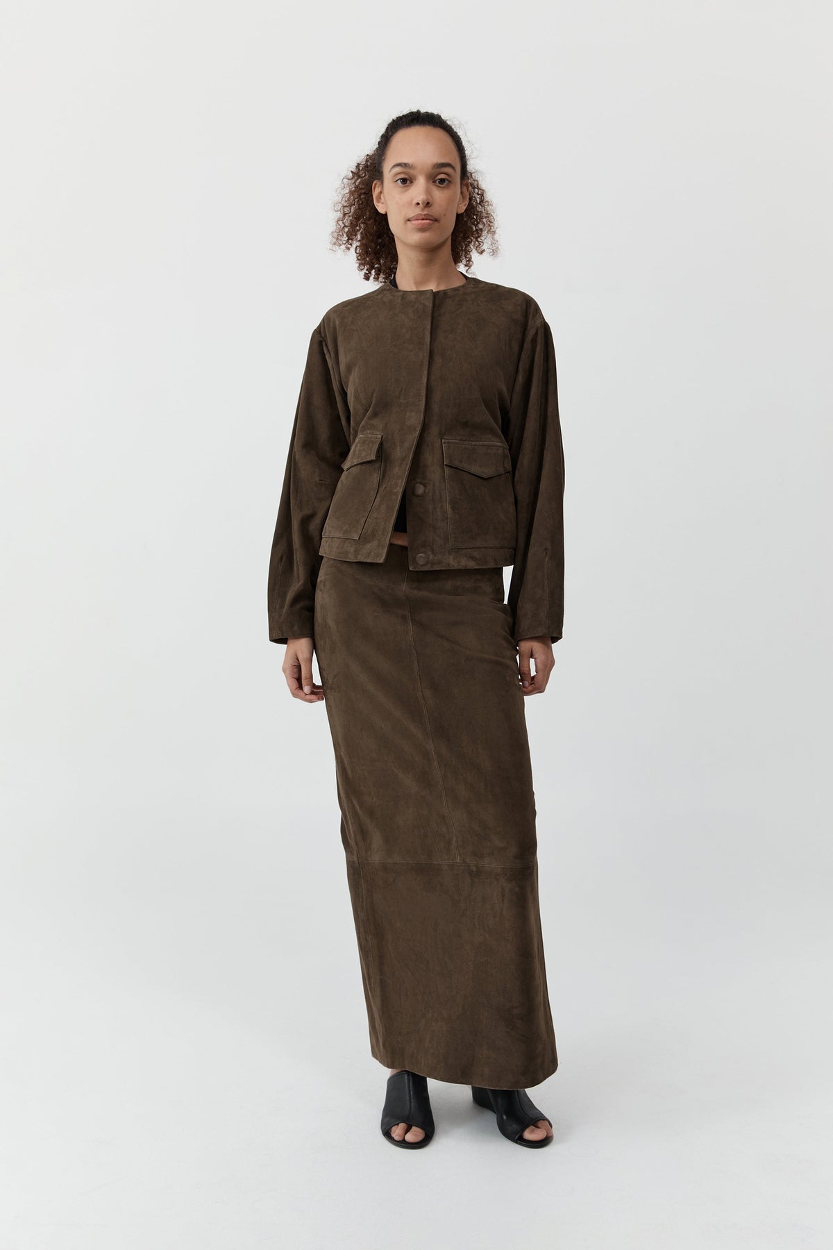 Suede Column Skirt - Khaki
