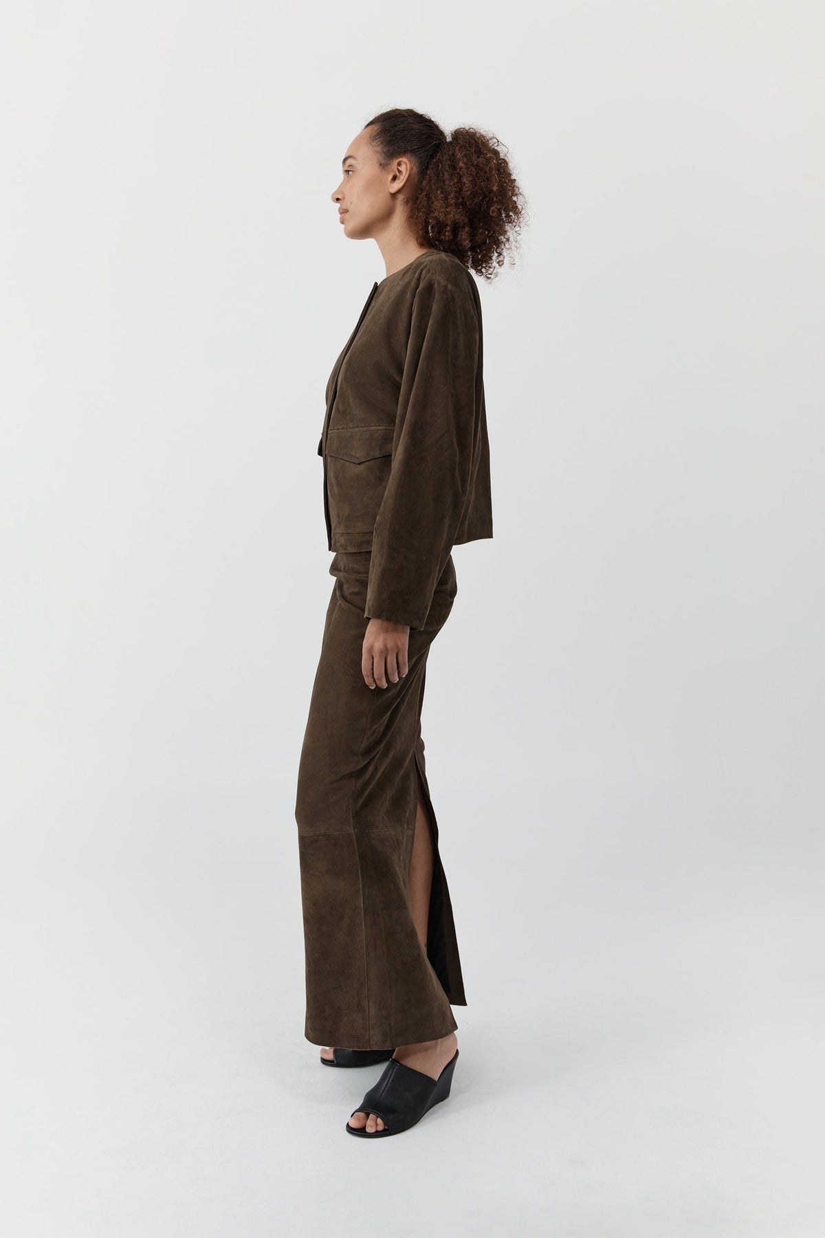 Suede Column Skirt - Khaki