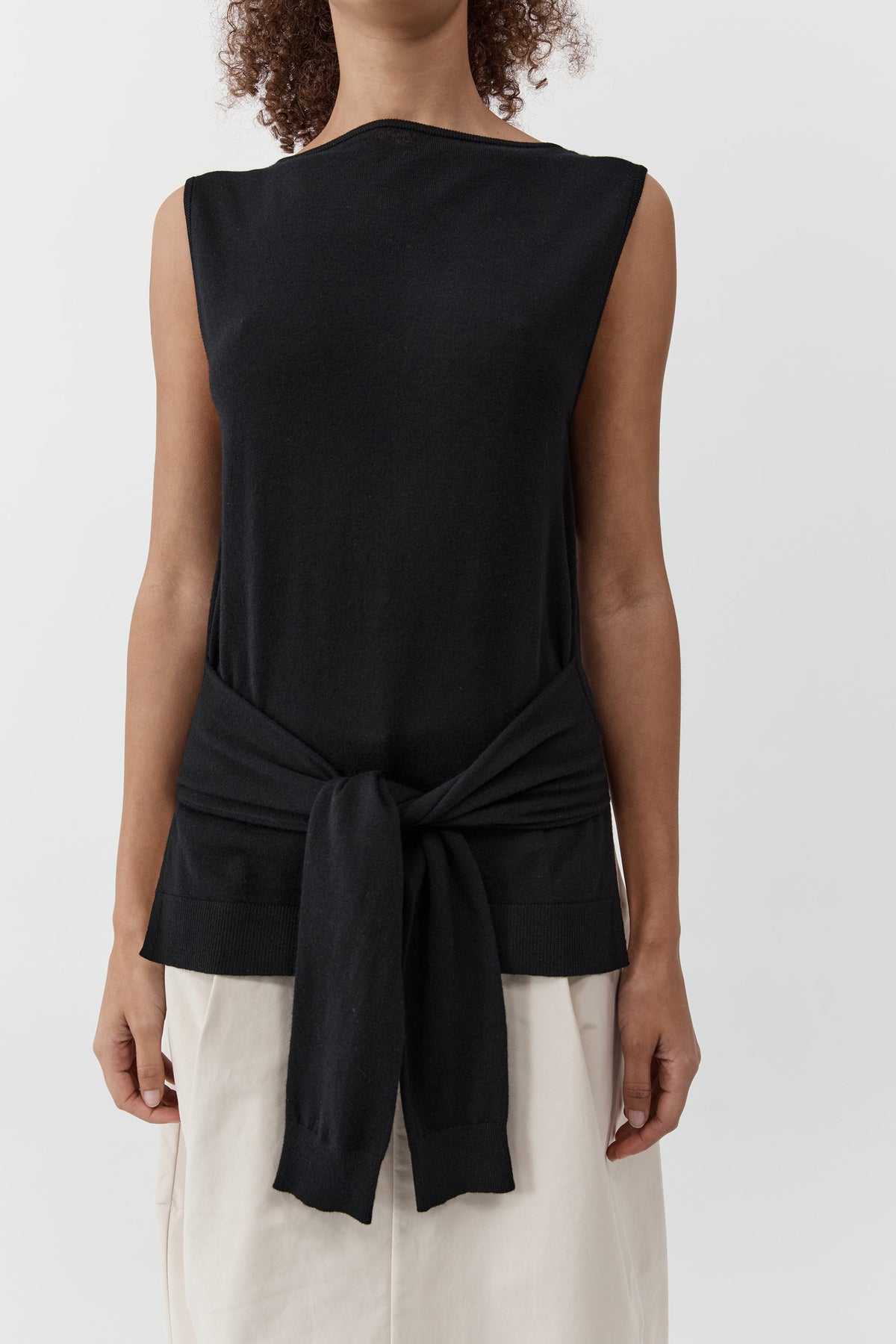 Fine Merino Tie Waist Top - Black