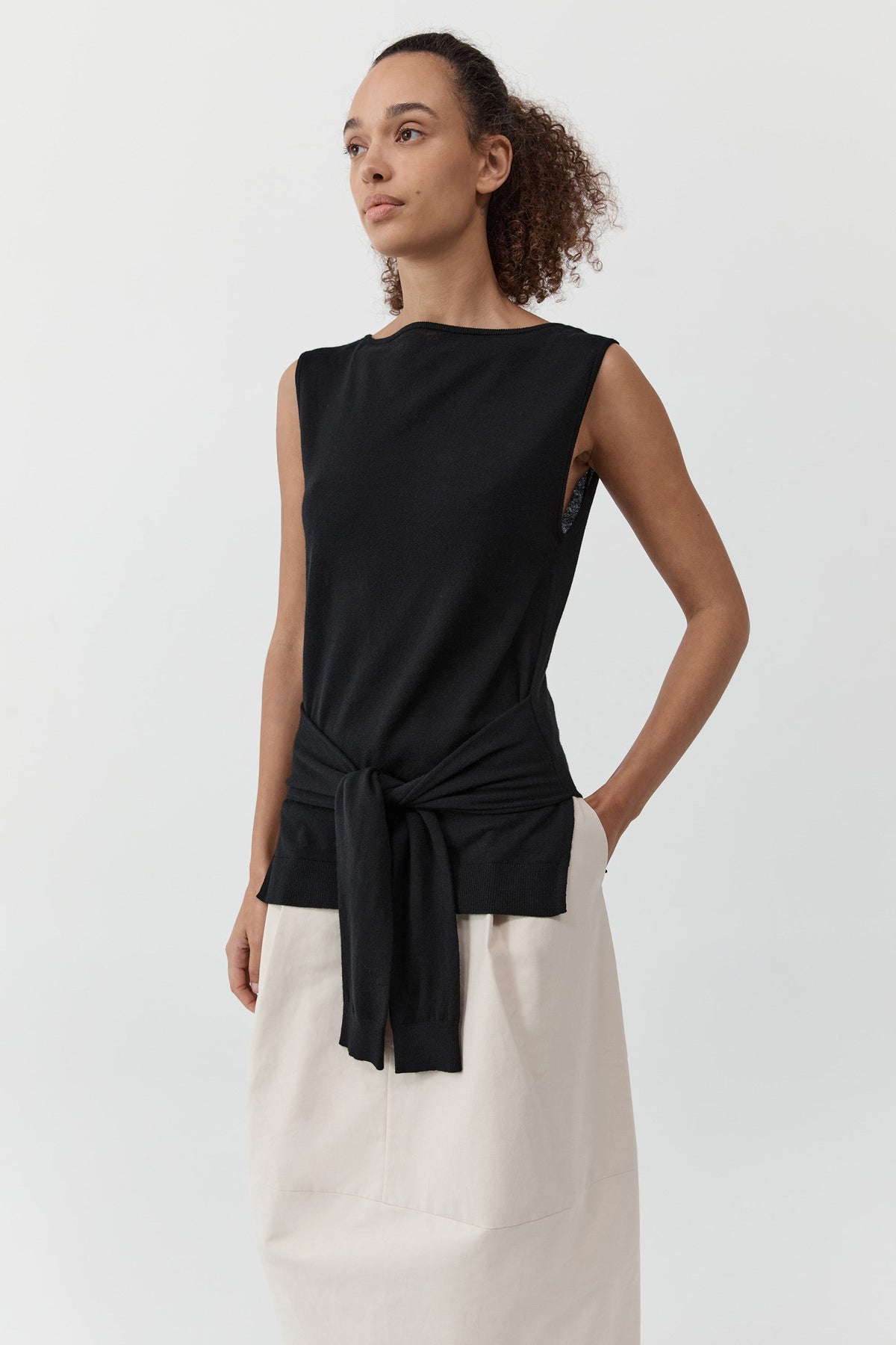 Fine Merino Tie Waist Top - Black