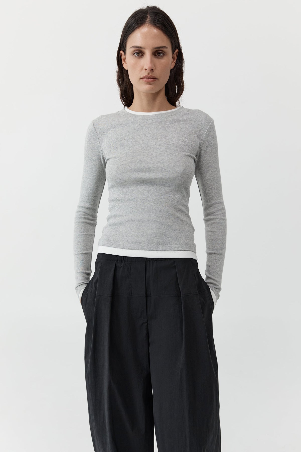 Organic Cotton Layered Long Sleeve Top - Grey Marle