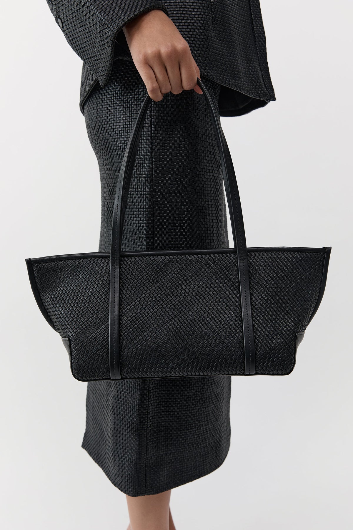 Woven Slim Bateau Tote - Black