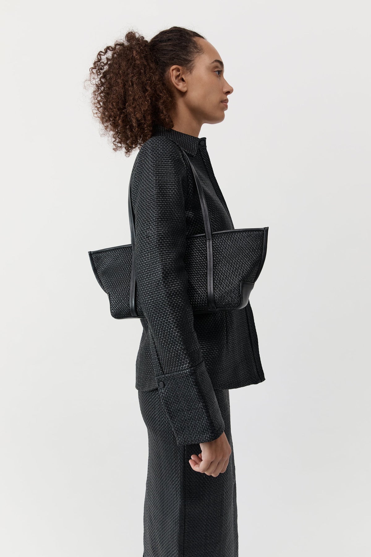 Woven Slim Bateau Tote - Black