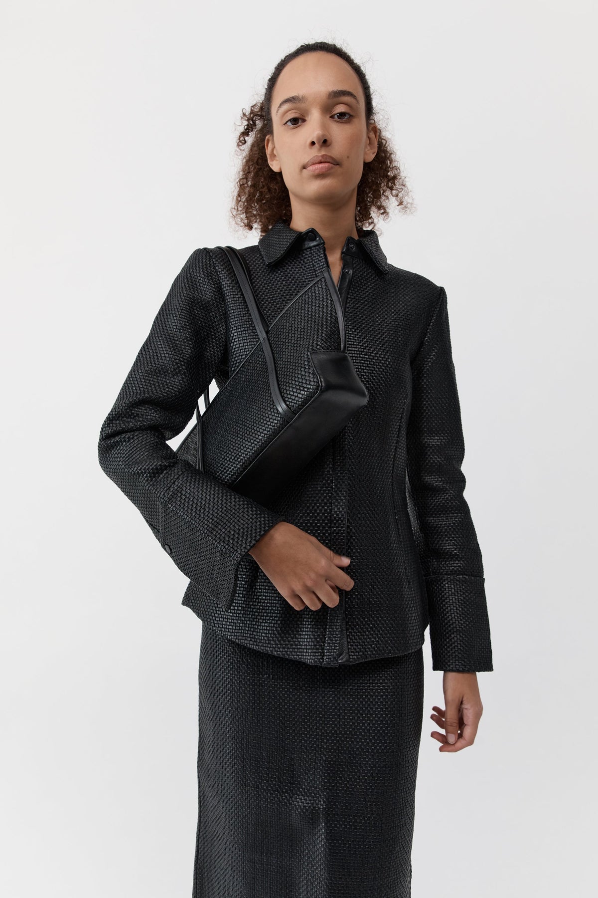 Woven Slim Bateau Tote - Black