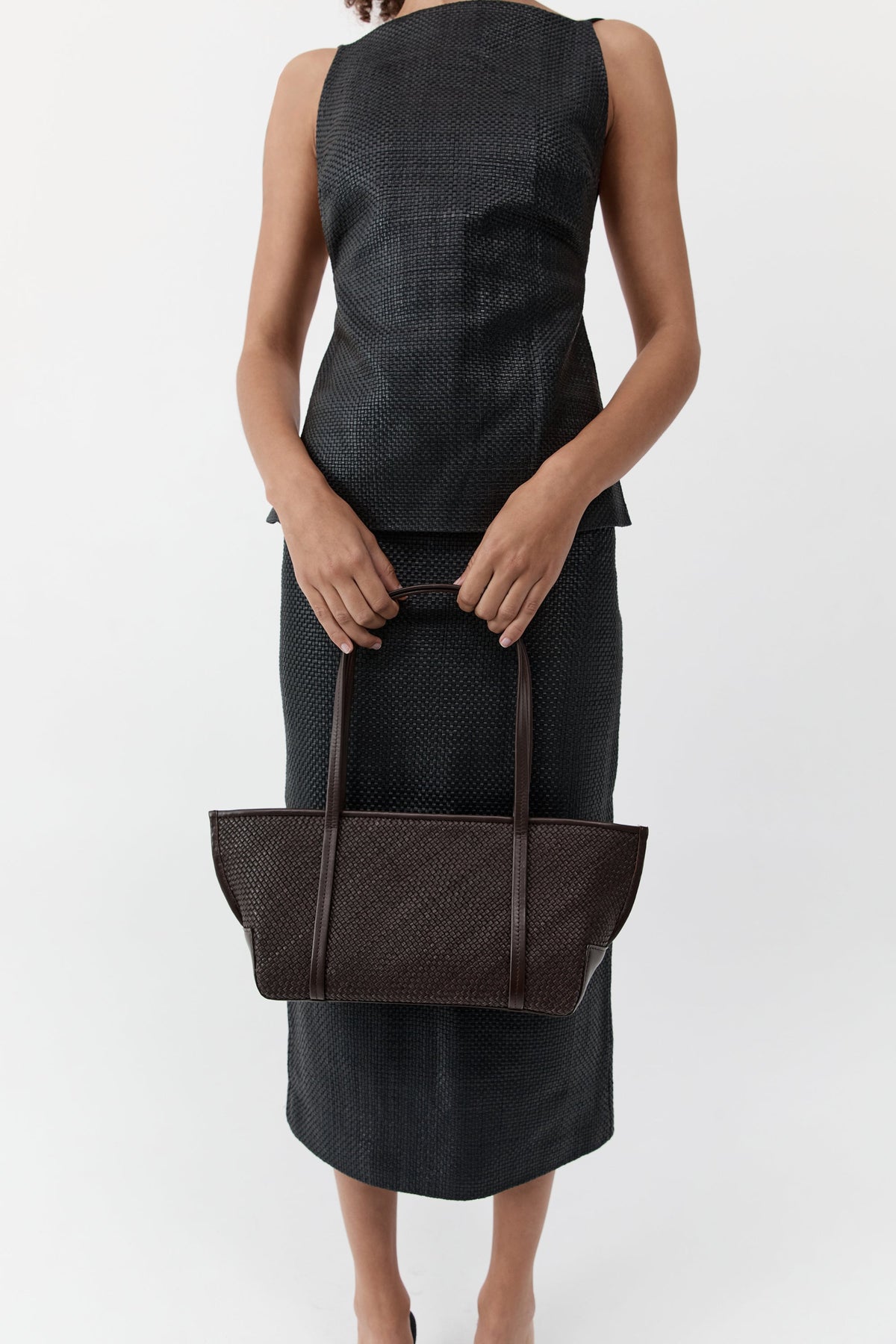 Woven Slim Bateau Tote - Coffee