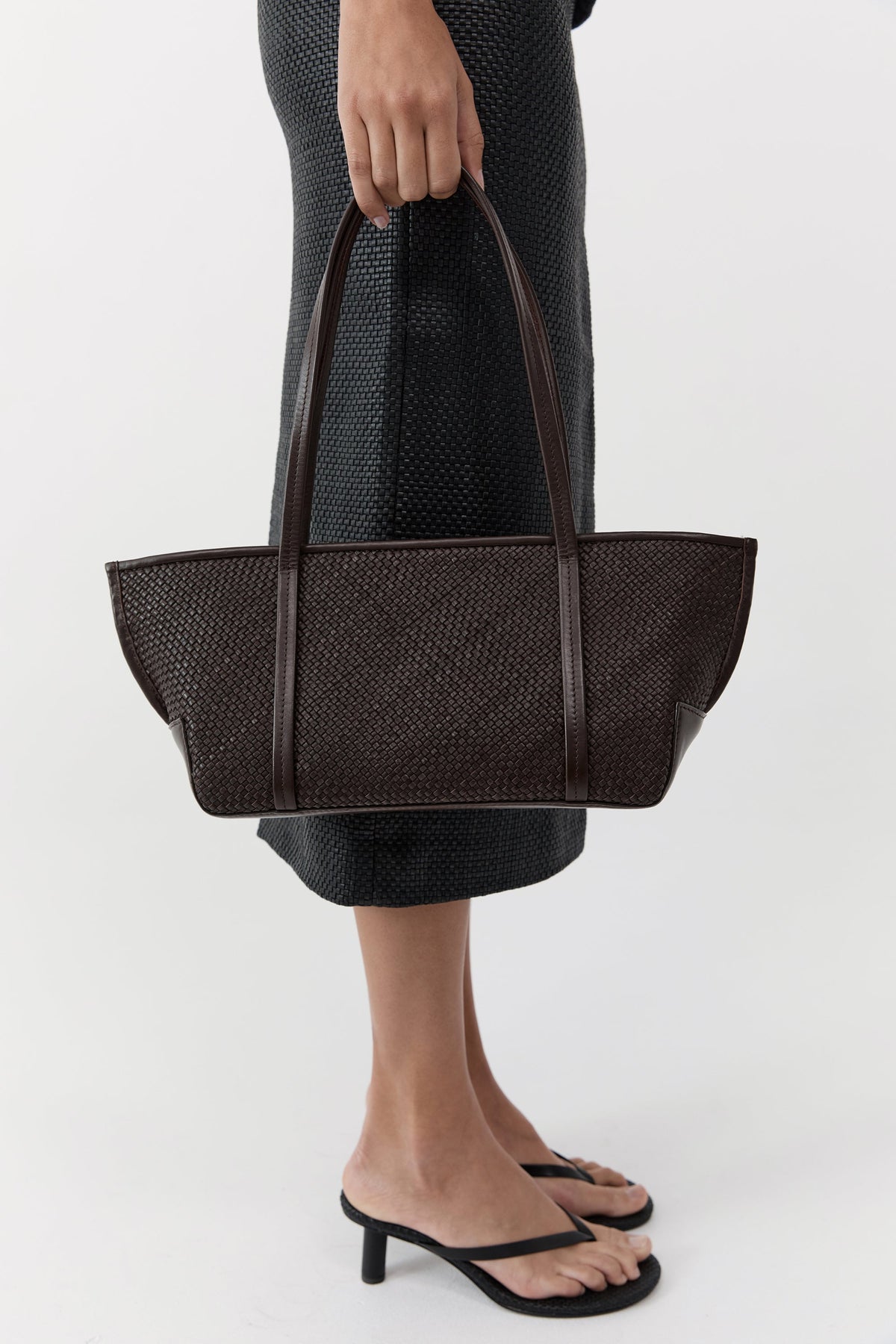 Woven Slim Bateau Tote - Coffee