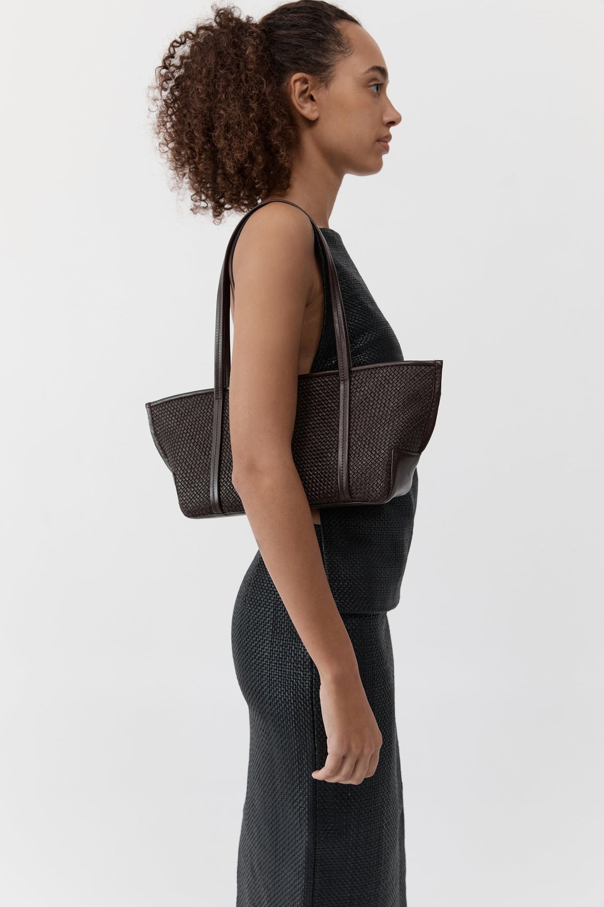 Woven Slim Bateau Tote - Coffee