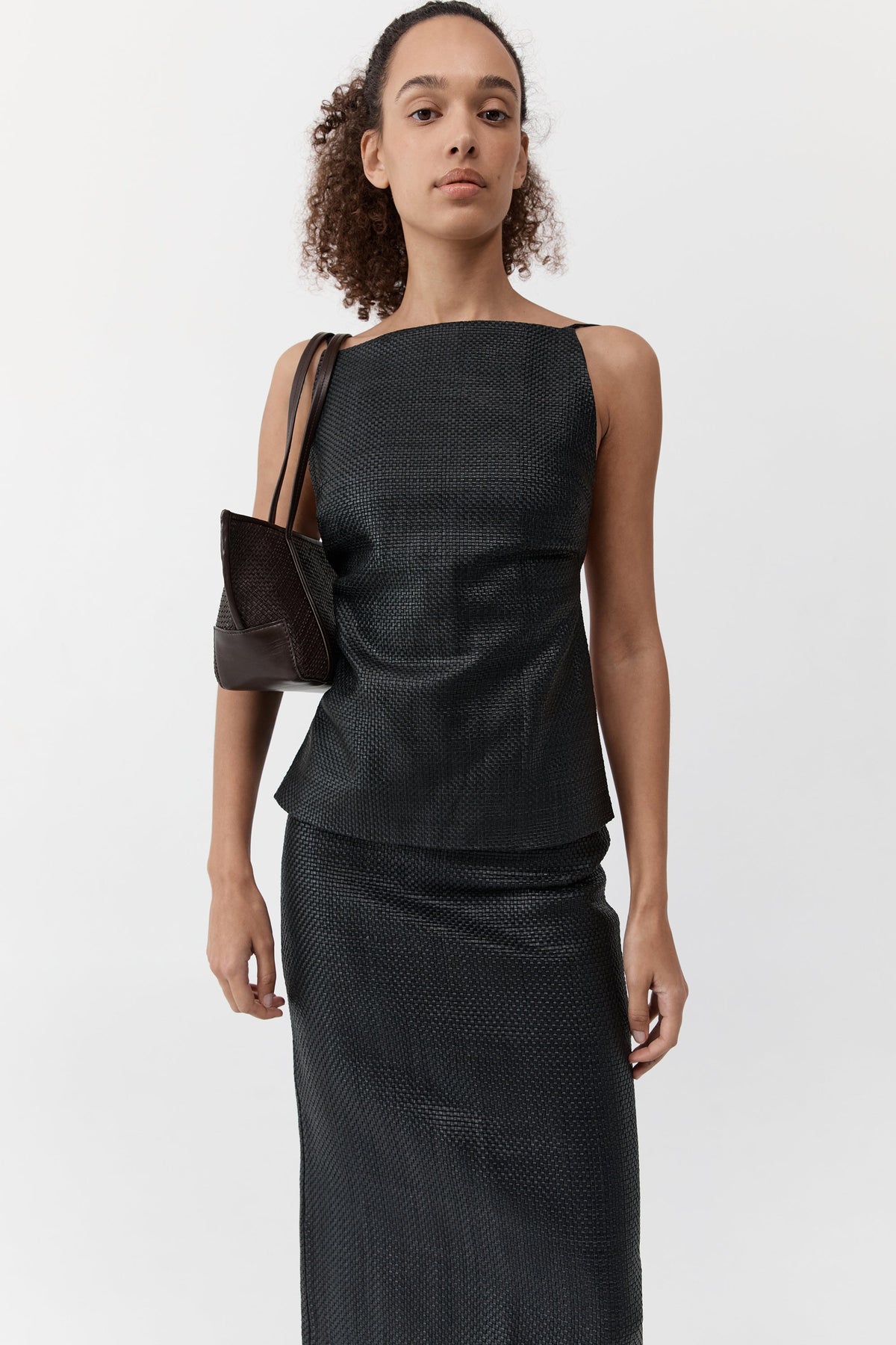 Woven Slim Bateau Tote - Coffee