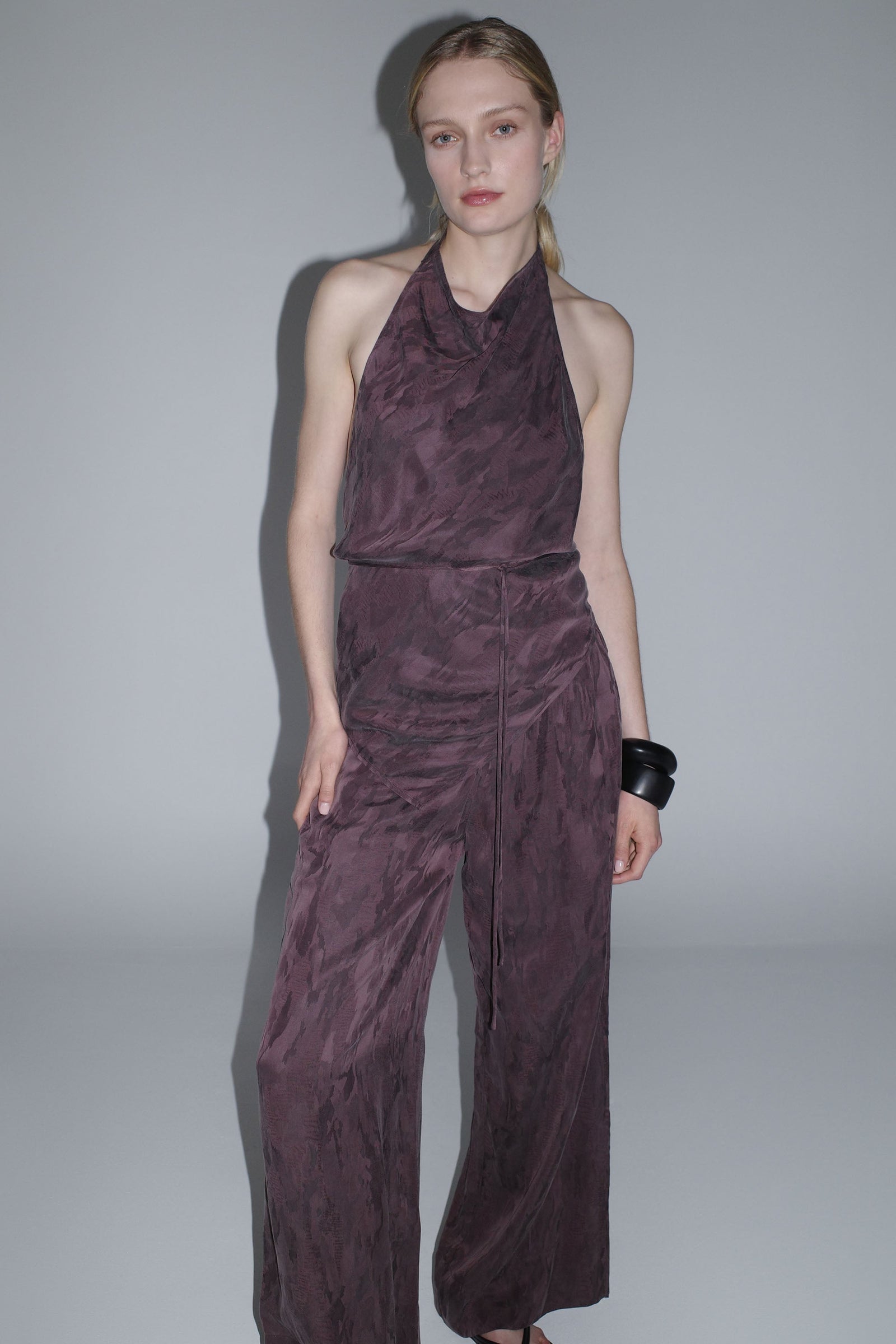 Jacquard Cowl Tie Top - Chocolate Plum