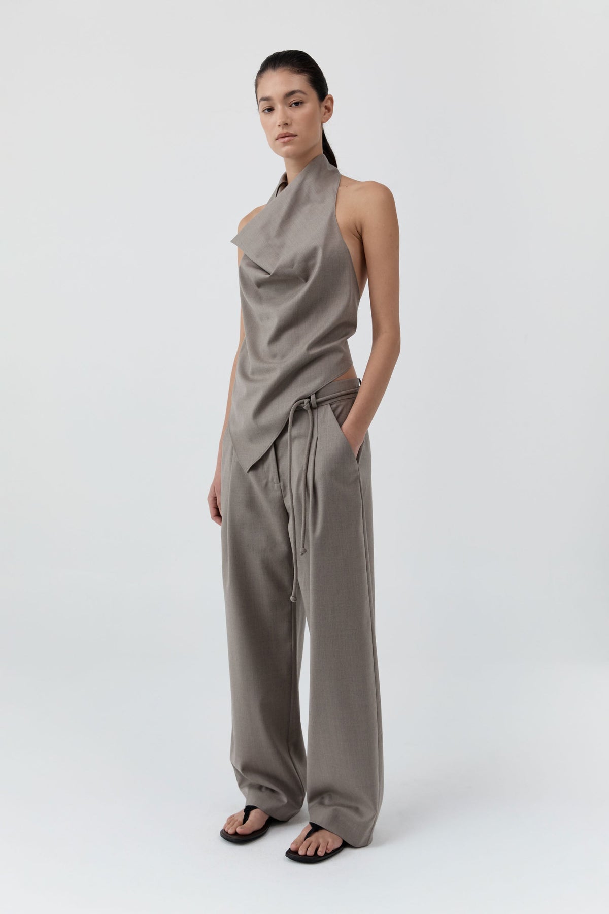 Wool Cowl Backless Top - Light Taupe