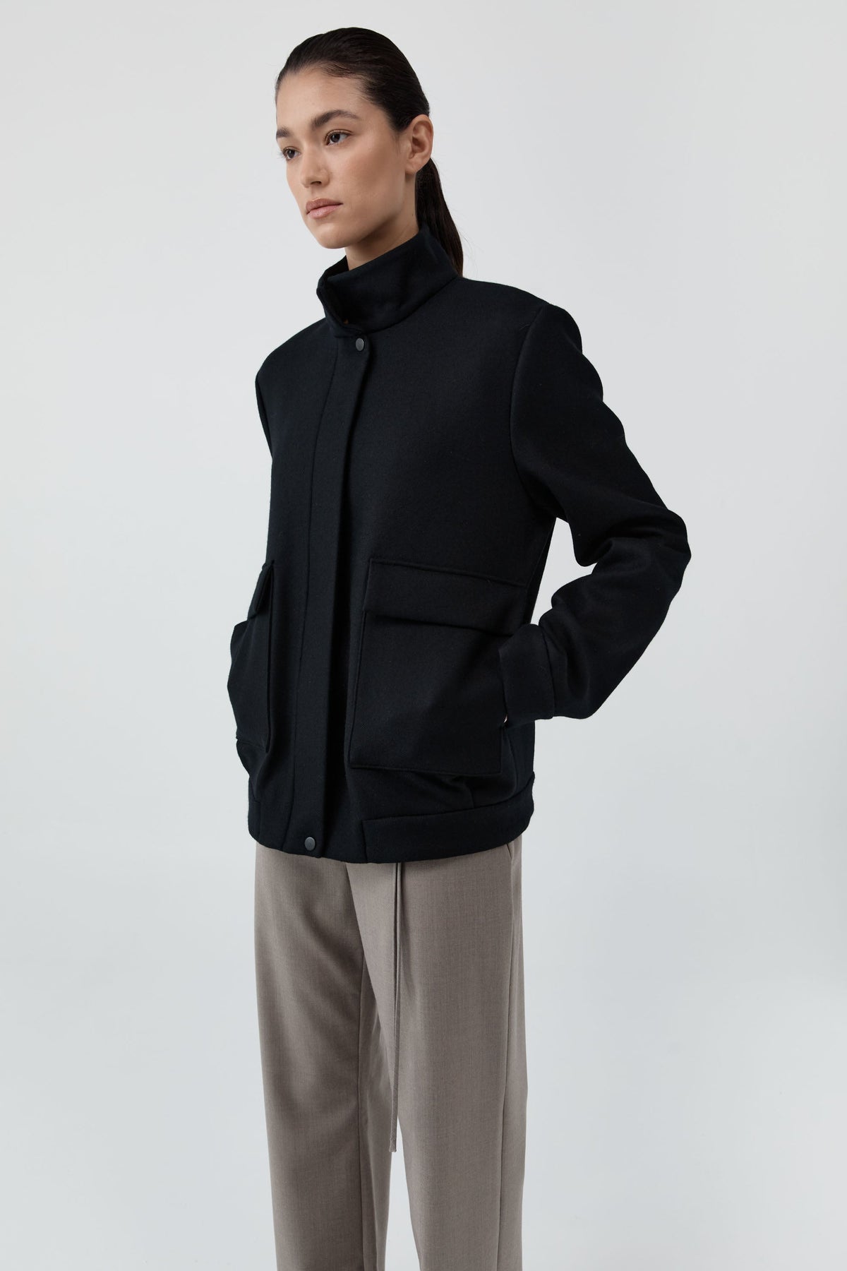 Wool Longline Bomber Jacket - Black