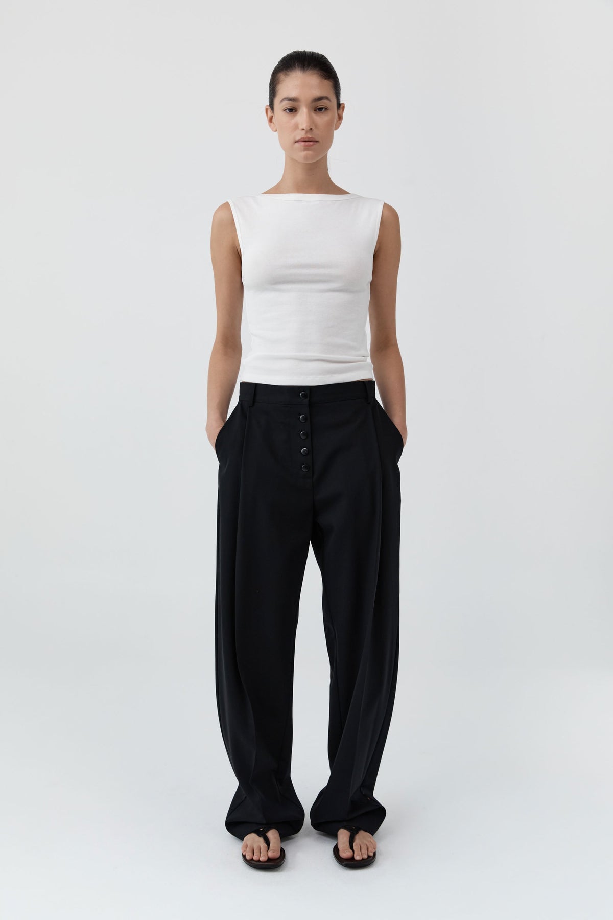 Wool Button Front Pleat Pants - Black