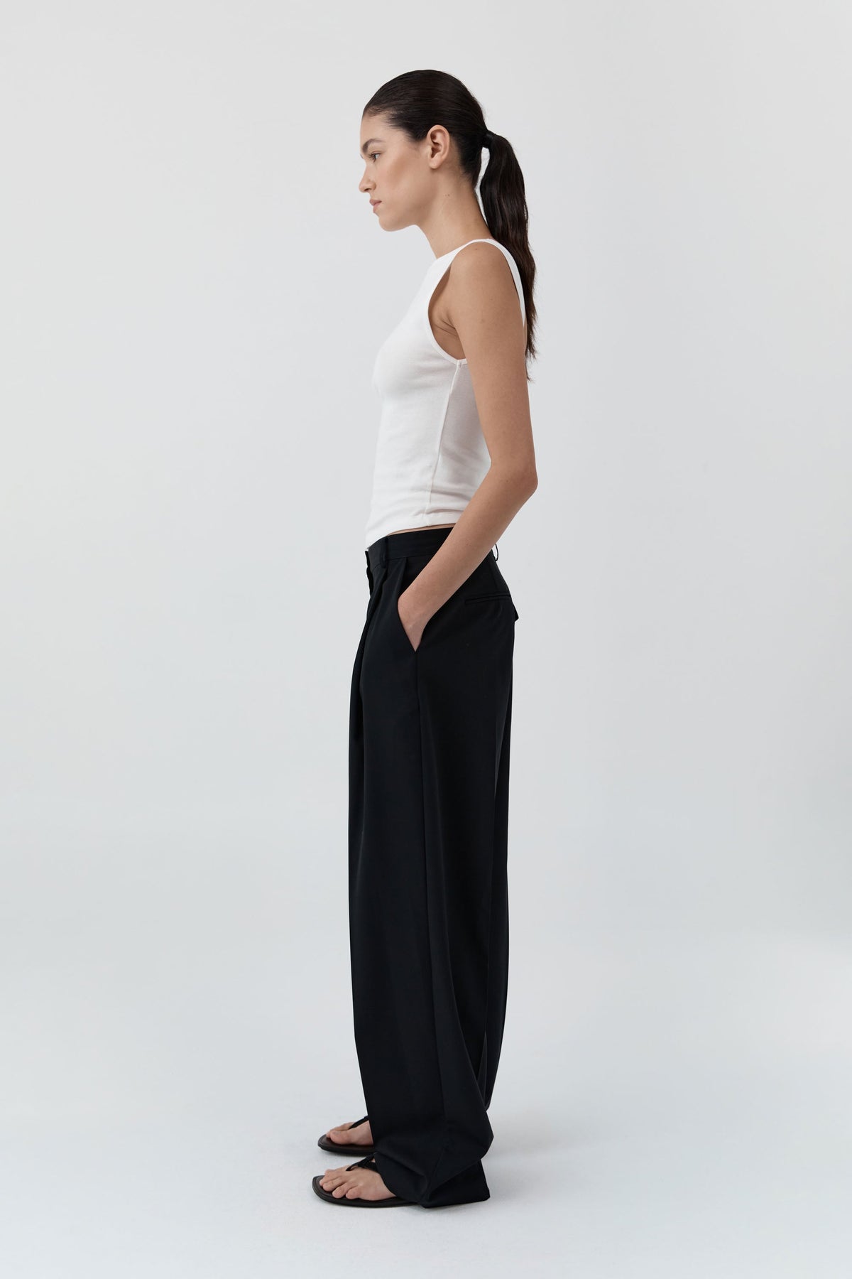 Wool Button Front Pleat Pants - Black