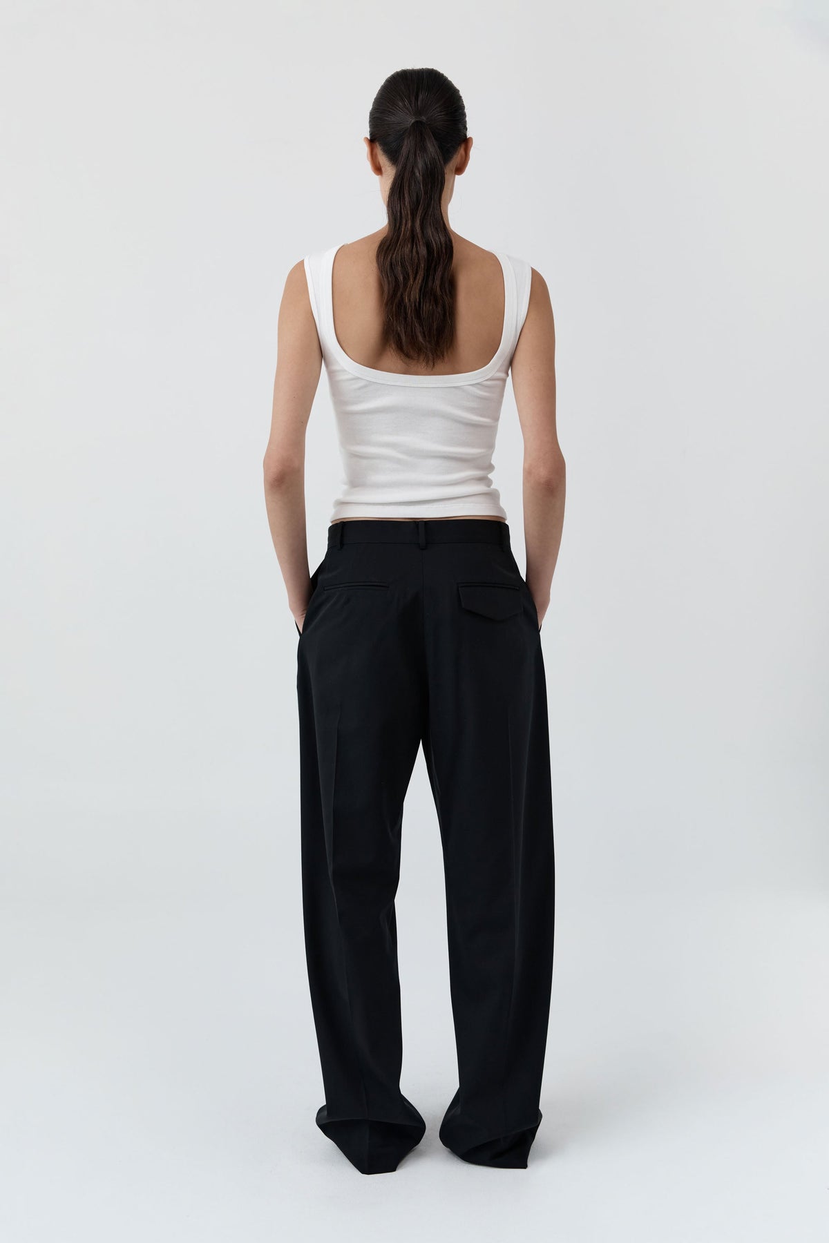 Wool Button Front Pleat Pants - Black