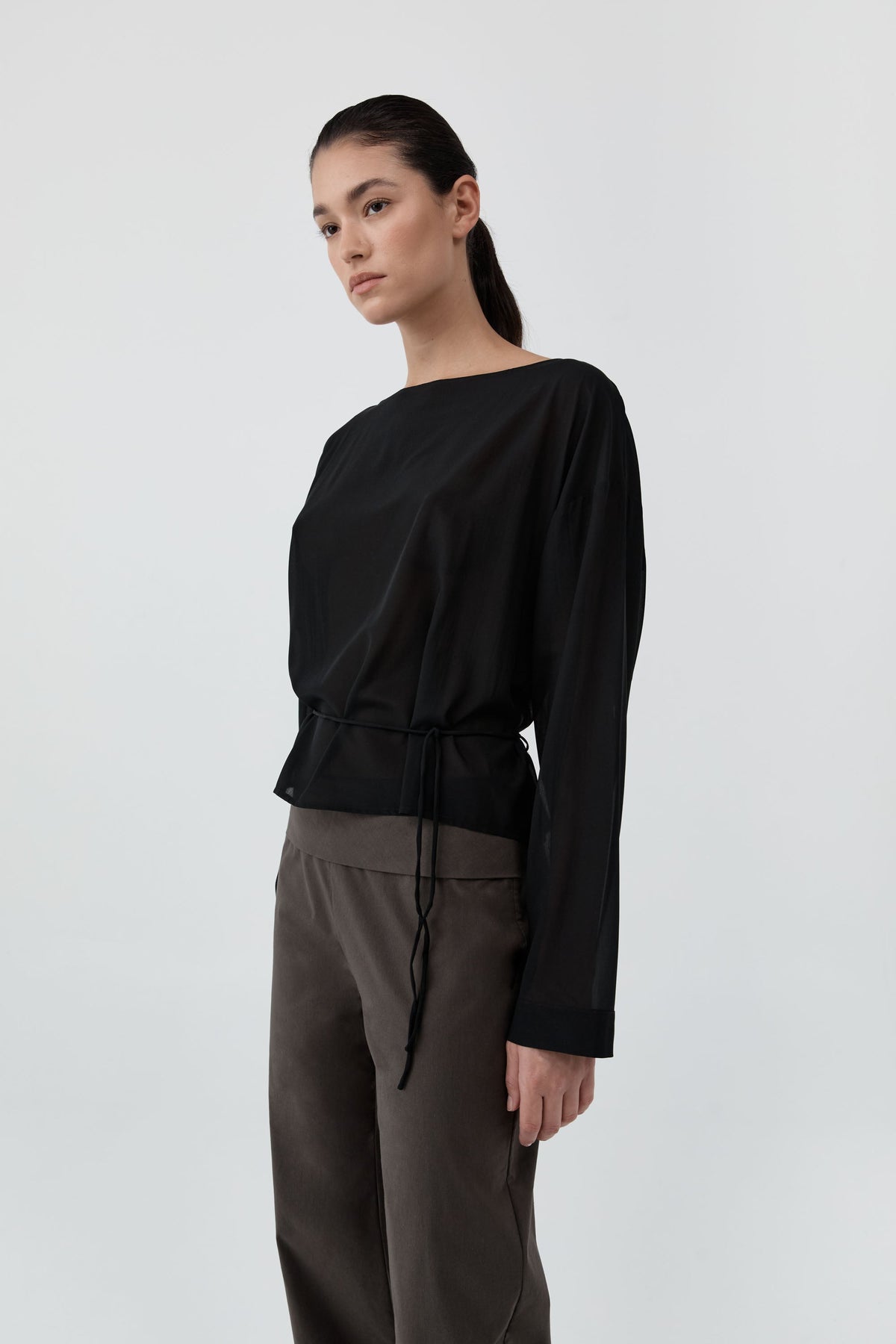 Stretch Silk Bateau Top - Black
