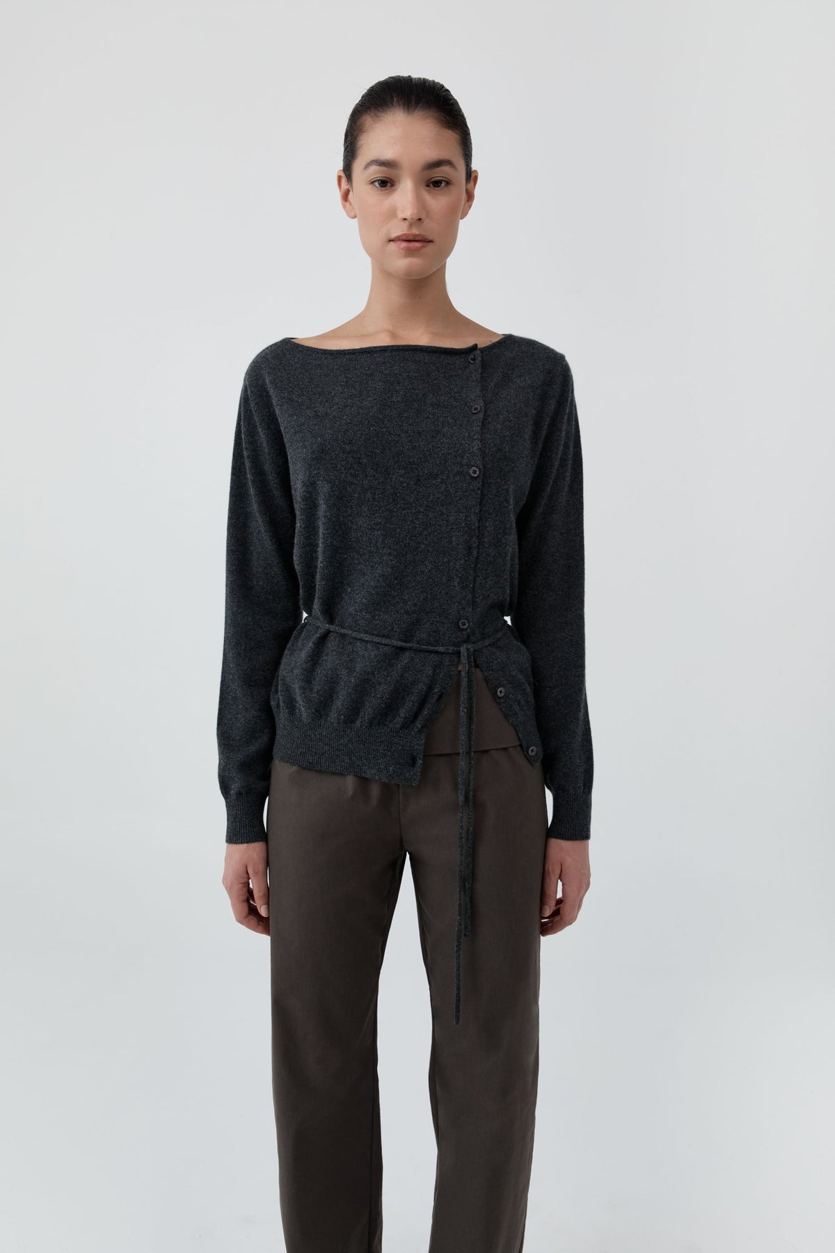 Cashmere Asymm Cardigan - Charcoal Melange