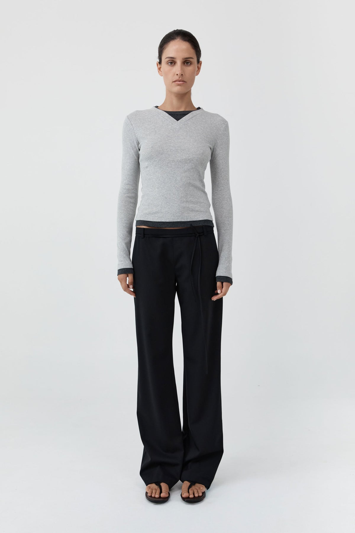 Organic Cotton V Neck Long Sleeve Top - Grey Marle