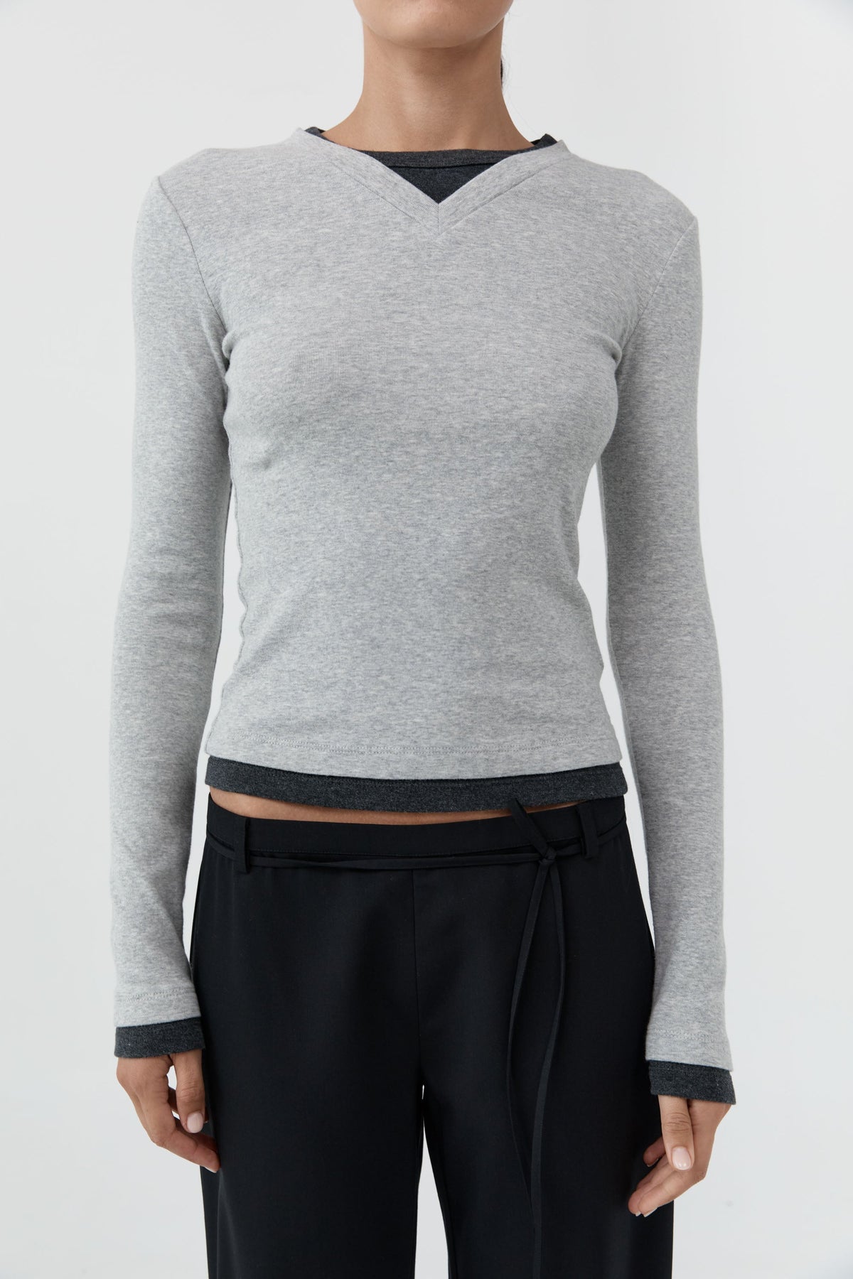 Organic Cotton V Neck Long Sleeve Top - Grey Marle