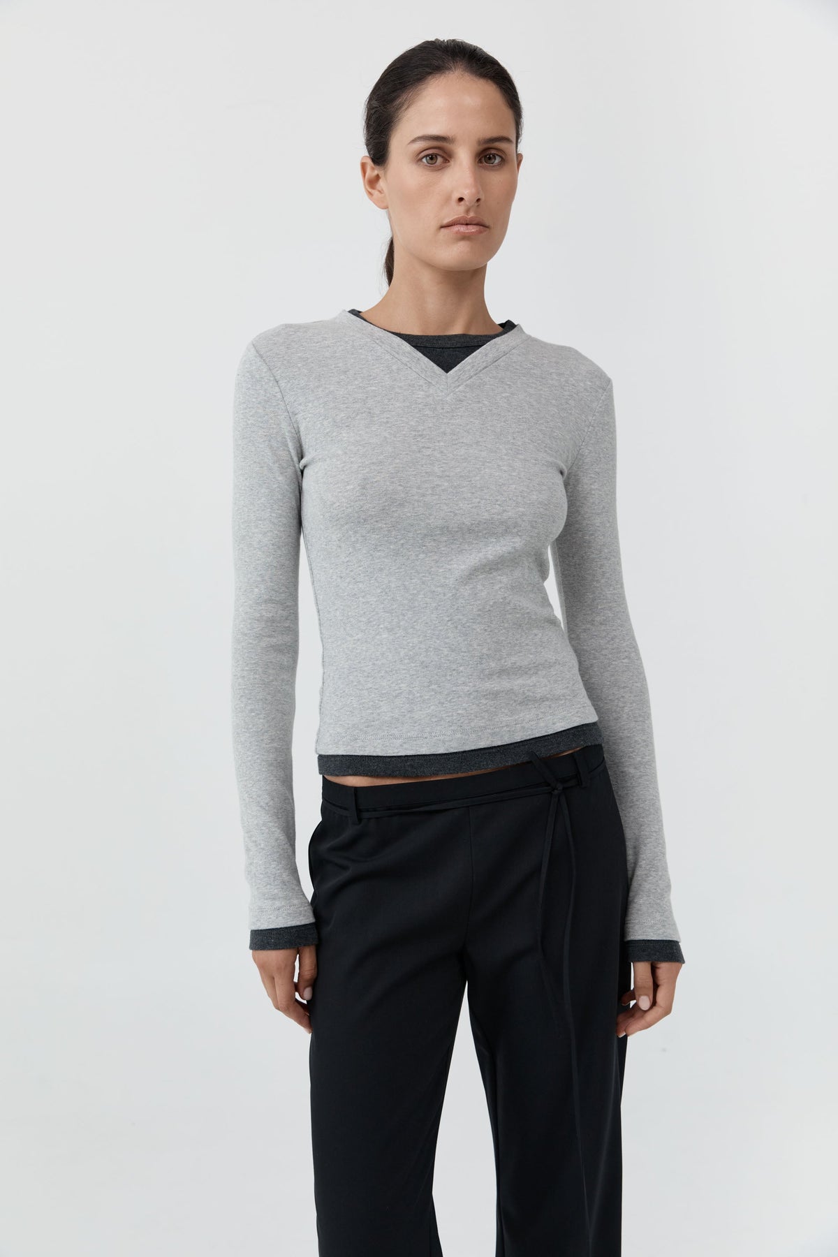 Organic Cotton V Neck Long Sleeve Top - Grey Marle