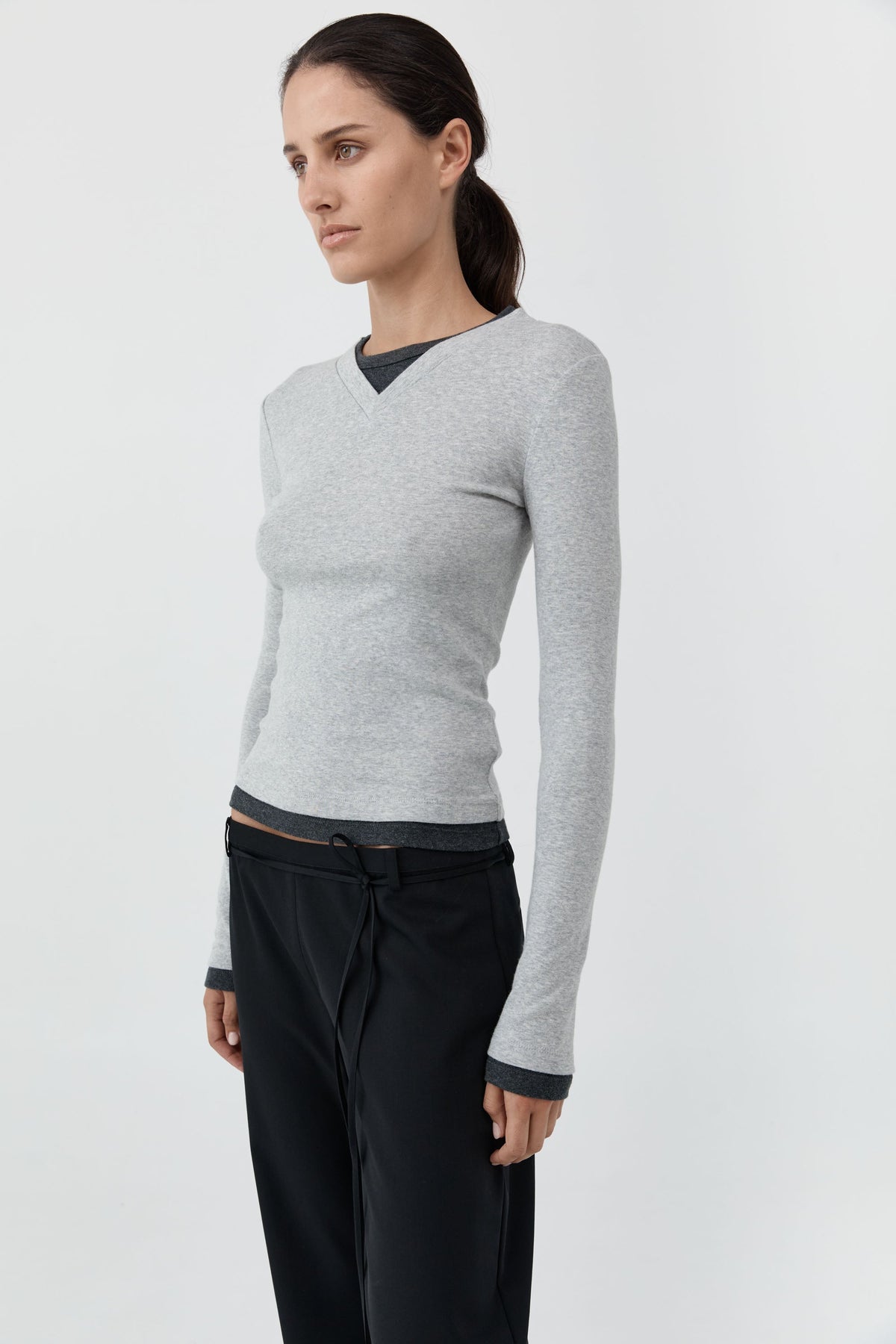 Organic Cotton V Neck Long Sleeve Top - Grey Marle