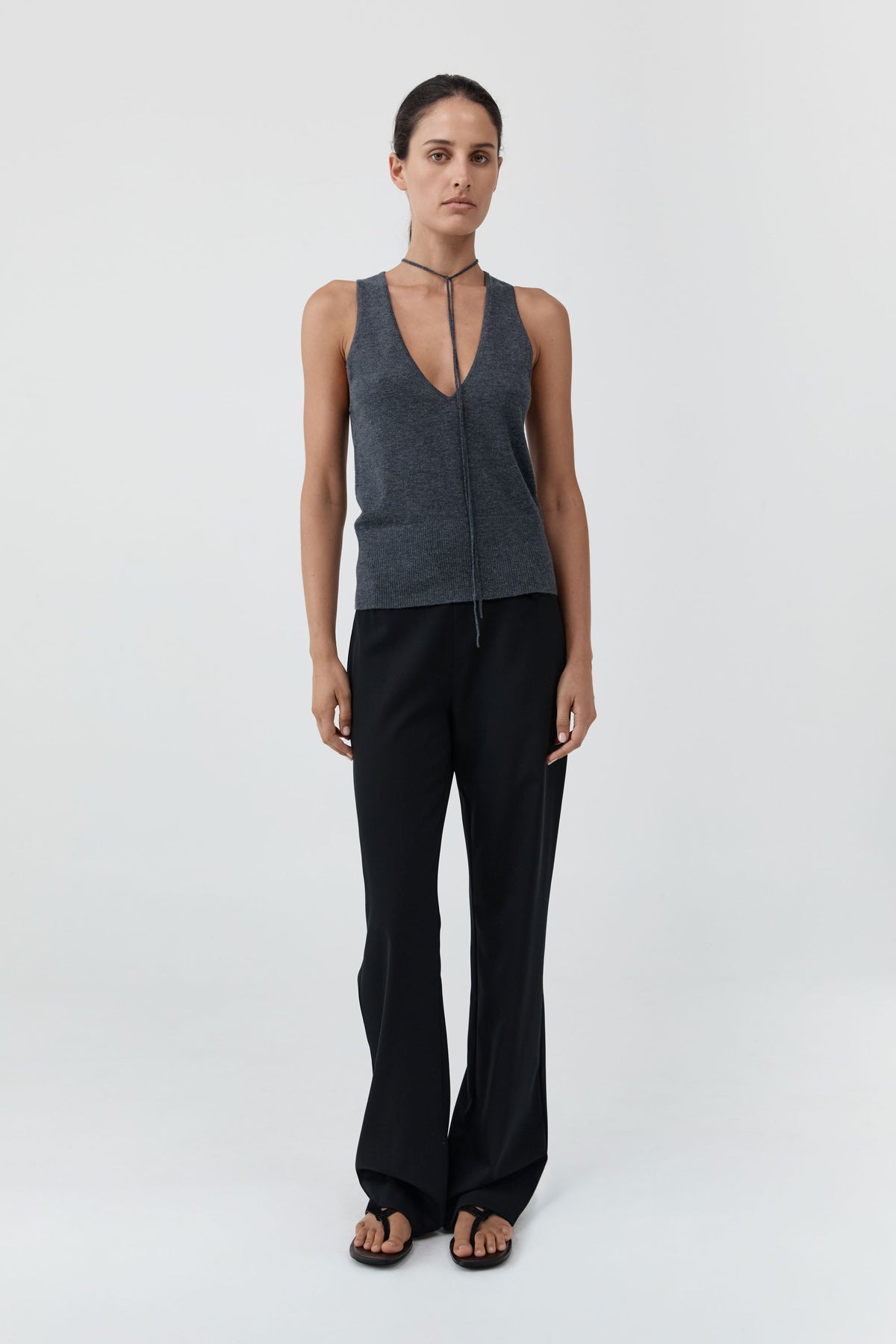 Plunge Rouleau Knit Tie Top - Iron Melange