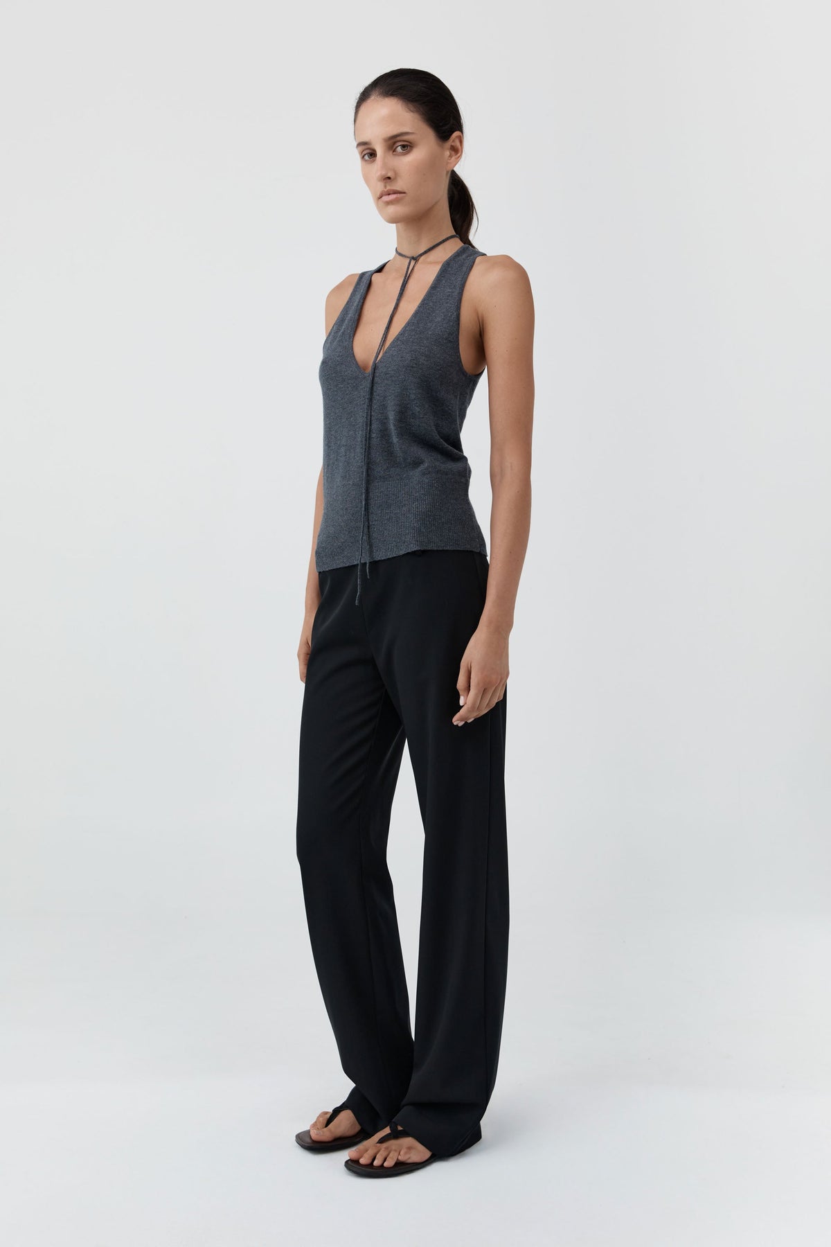 Plunge Rouleau Knit Tie Top - Iron Melange