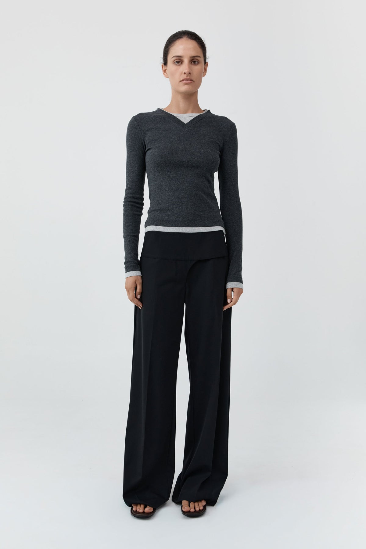 Wool Wide Waistband Pants - Black