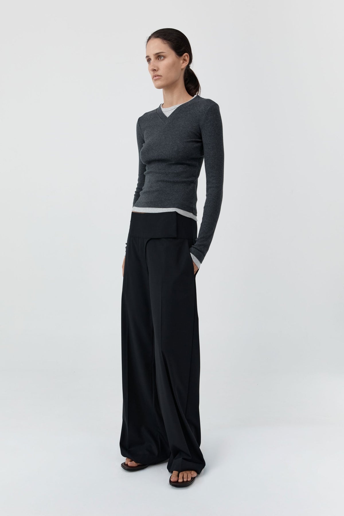 Organic Cotton V Neck Long Sleeve Top - Charcoal Melange