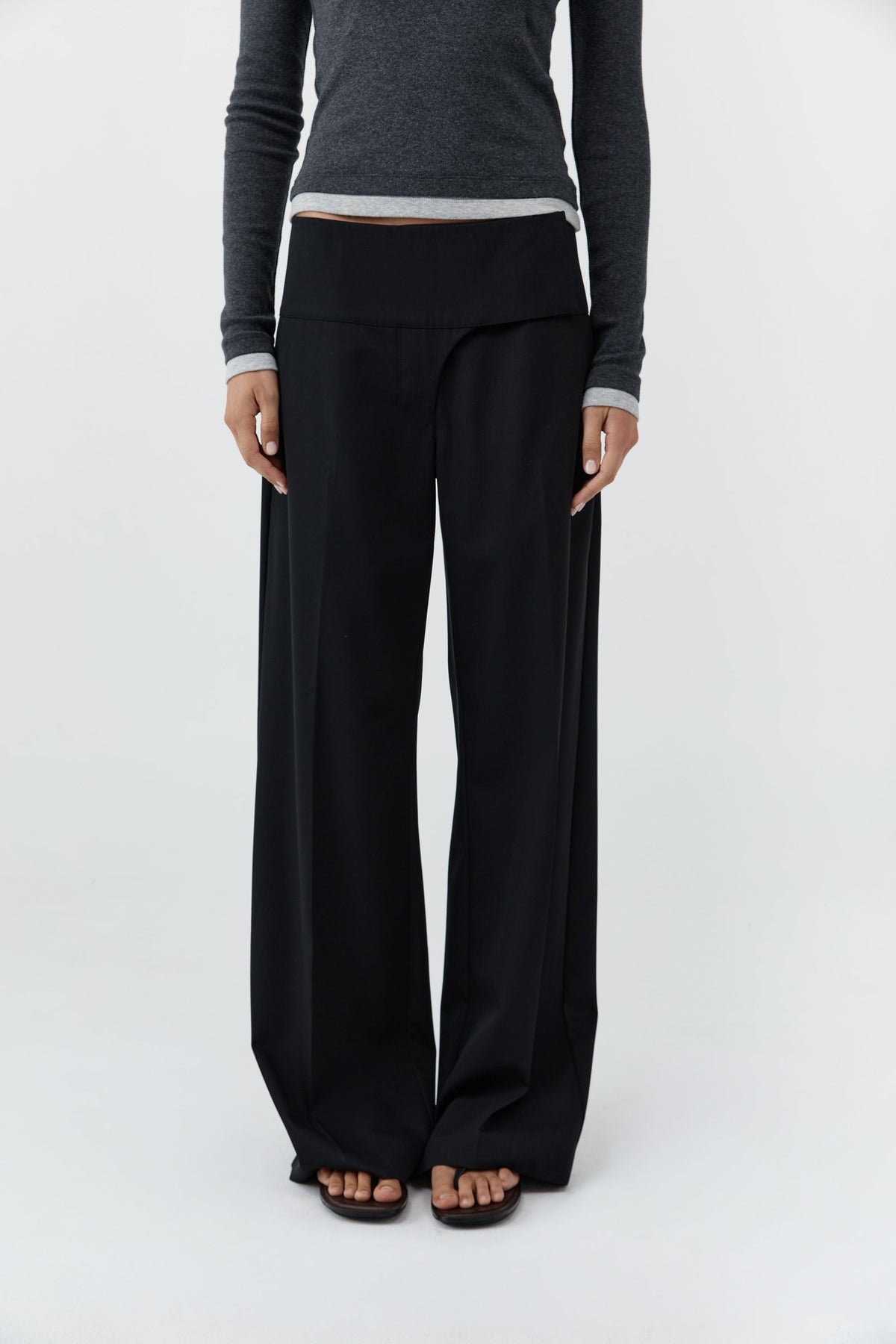 Wool Wide Waistband Pants - Black