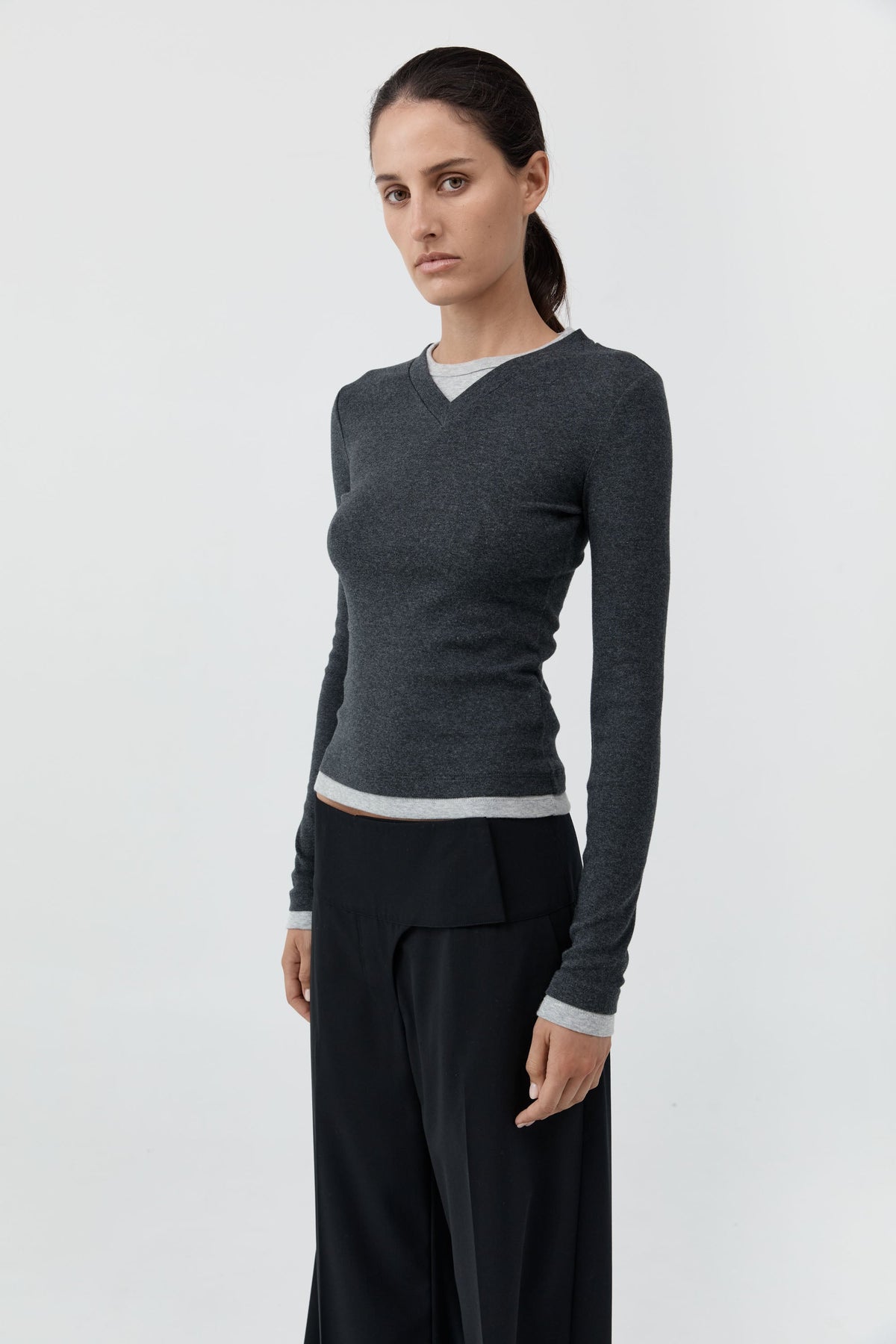 Organic Cotton V Neck Long Sleeve Top - Charcoal Melange