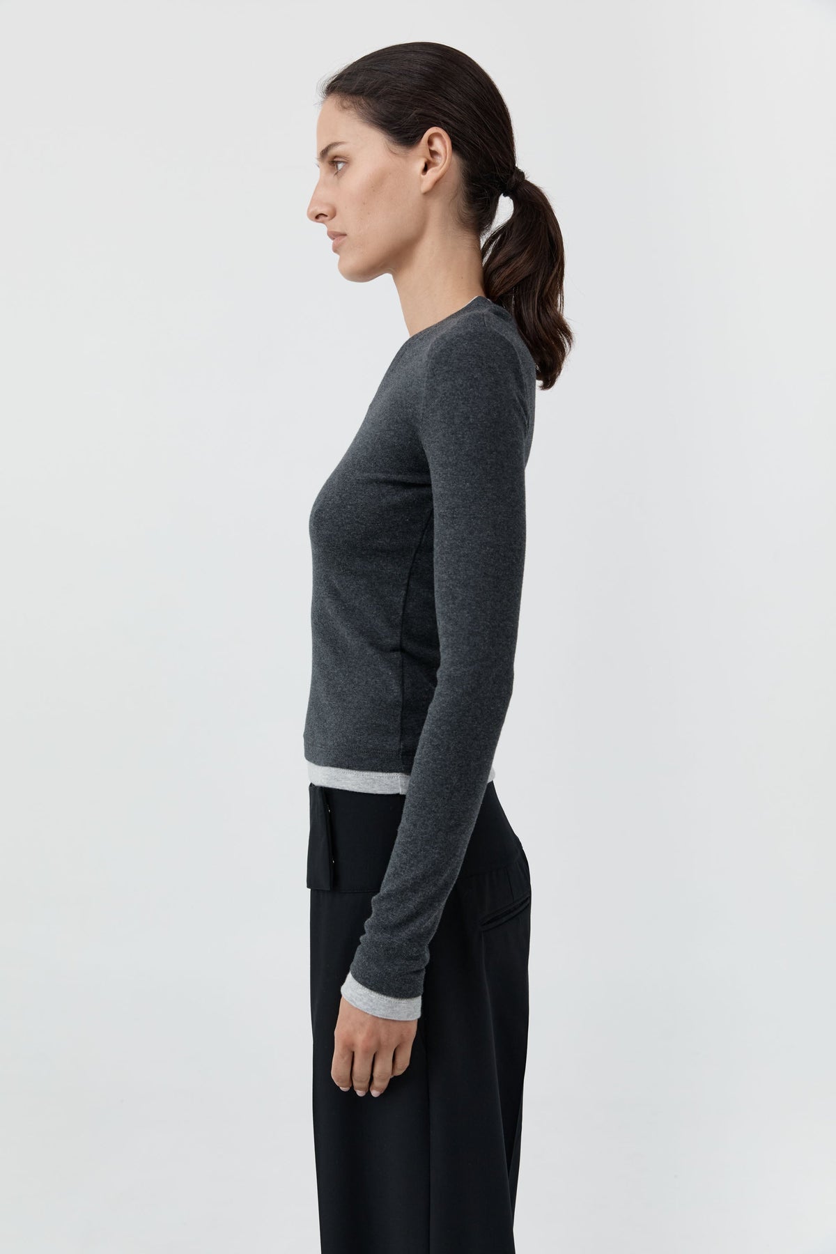 Organic Cotton V Neck Long Sleeve Top - Charcoal Melange