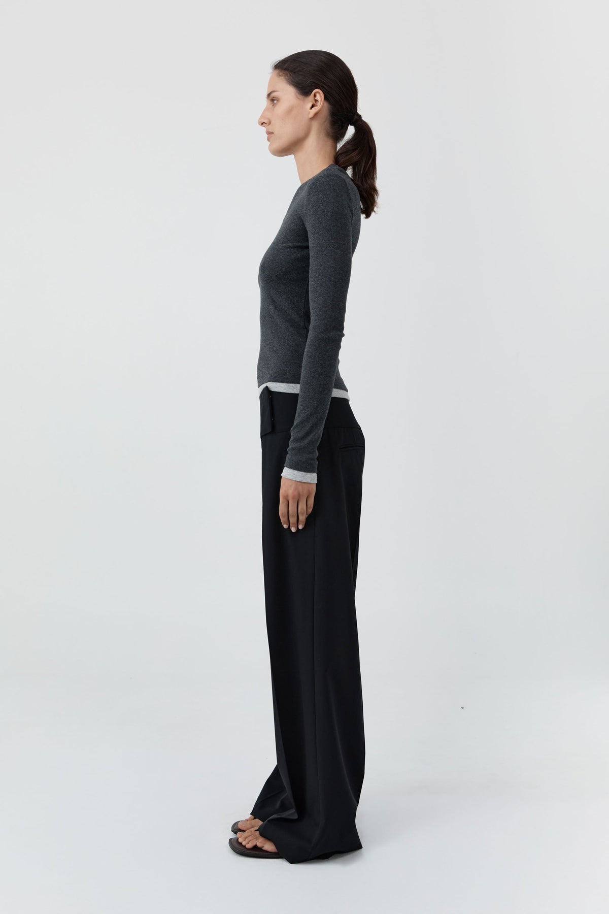 Wool Wide Waistband Pants - Black
